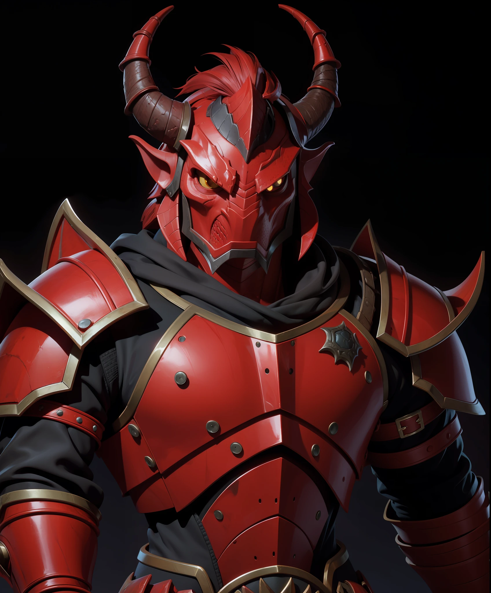 red dragonborn, male, horns, solo, scales, armor, tail, shoulder armor, pauldrons, portrait, closed mouth, black background , ((masterpiece, best quality)), art by greg rutkowski