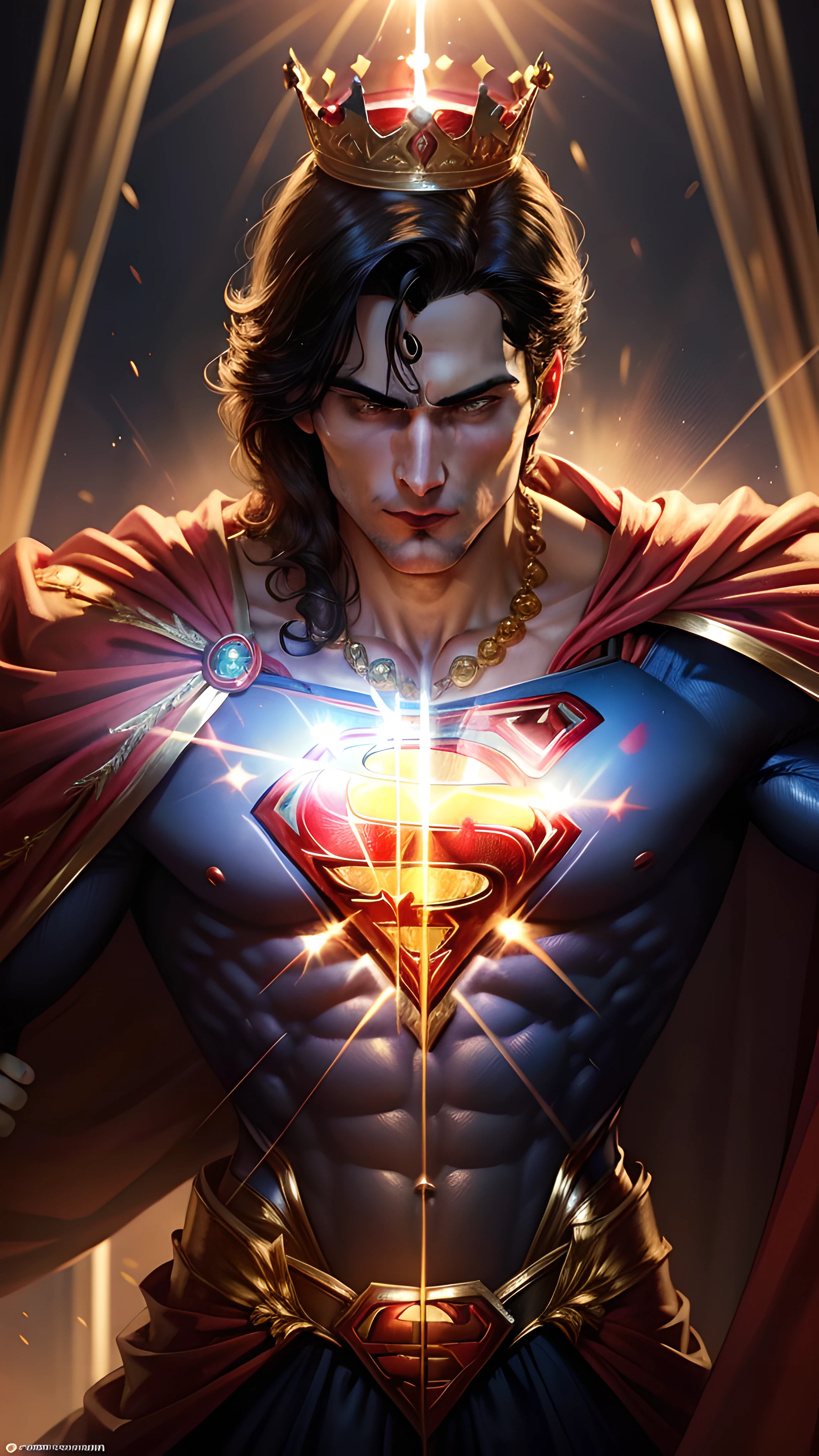 a close up of a superman in a crown and a crown on his head, superman as the new king of great britain, superman wearing a royal robe, with scepter and crown, superman wearing a crown and suit, god save the queen!!!, wearing gilded red royal robes, monarchy, wearing long royal robe, bejewelled and encrusted royalty