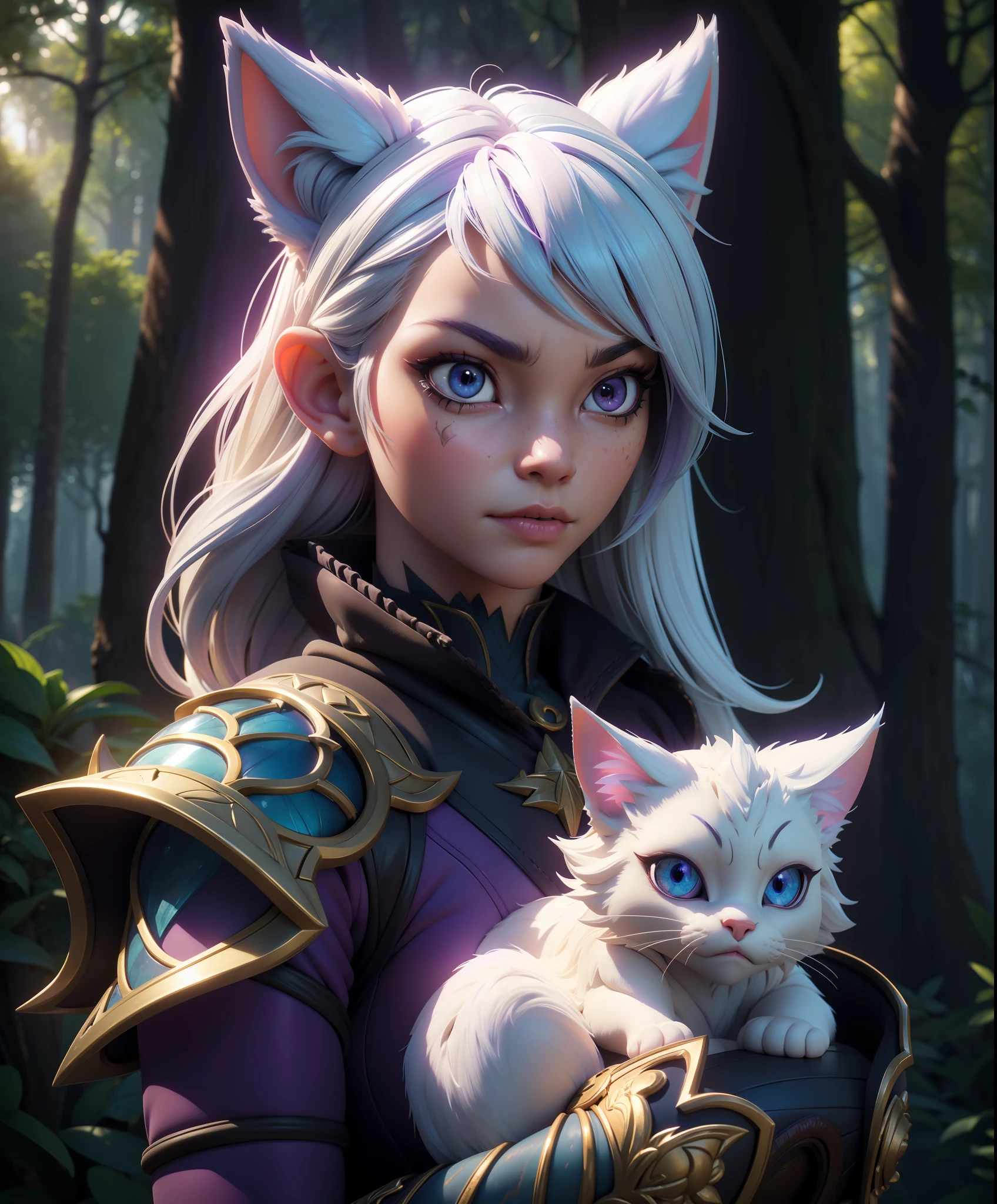 girl holding cat, cat ears, chibi, blue, gold, white, purpple, dragon scaly armor, forest background, fantasy style, (dark shot:1.17), epic realistic, faded, ((neutral colors)), art, (hdr:1.5), (muted colors:1.2), hyperdetailed, (artstation:1.5), cinematic, warm lights, dramatic light, (intricate details:1.1), complex background, (rutkowski:0.8), (teal and orange:0.4), colorfull, (natural skin texture, hyperrealism, soft light, sharp:1.2), (intricate details:1.12), hdr, (intricate details, hyperdetailed:1.15), white hair,