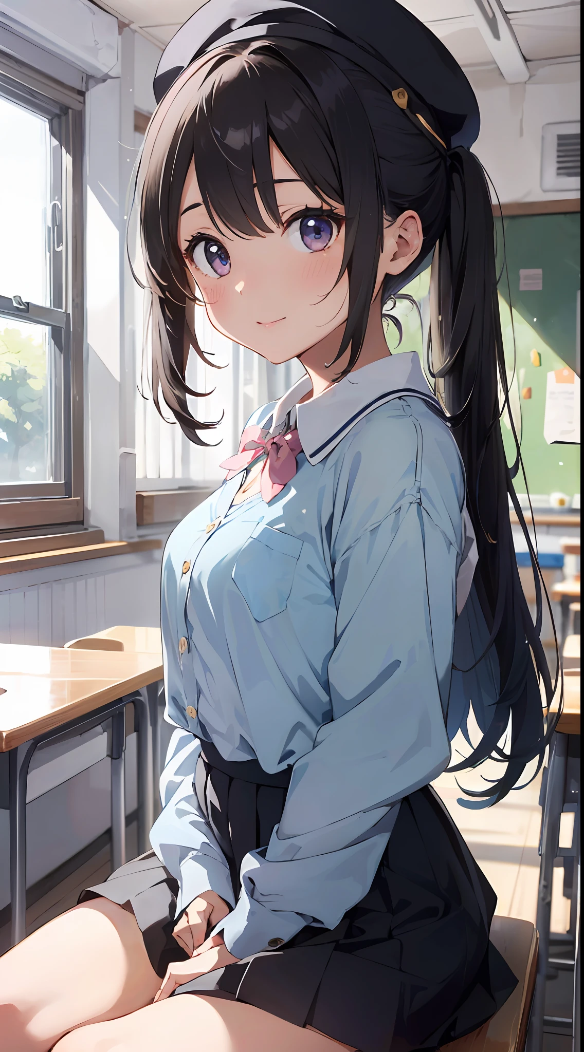 Masterpiece to the smallest detail、top-quality、realisitic、1girl in、独奏、18year old、Looks like 5 years old、140cm petite beautiful girl、small tits、5 year old baby face、Silky hair、Long、pigtails、Pink and violet mesh、Tall, big eyes、Outstanding looks、A lovely child、proximity、closed_mouth、a smile、red blush、full of shyness、blue headwear、Hats、pink bowtie、校服、 Blue Blazer、blazers、Pretz skirt、grey skirt、Silk blouse、White blouses、an legs、Black socks、sitting on、Classroom、hair_ornament、looking_at_viewer、beatiful detailed eyes、Realistic eyes、panties on、unclear、Professional effects、unclear、Enhanced elegance、Innocent、wretched、maidennurse