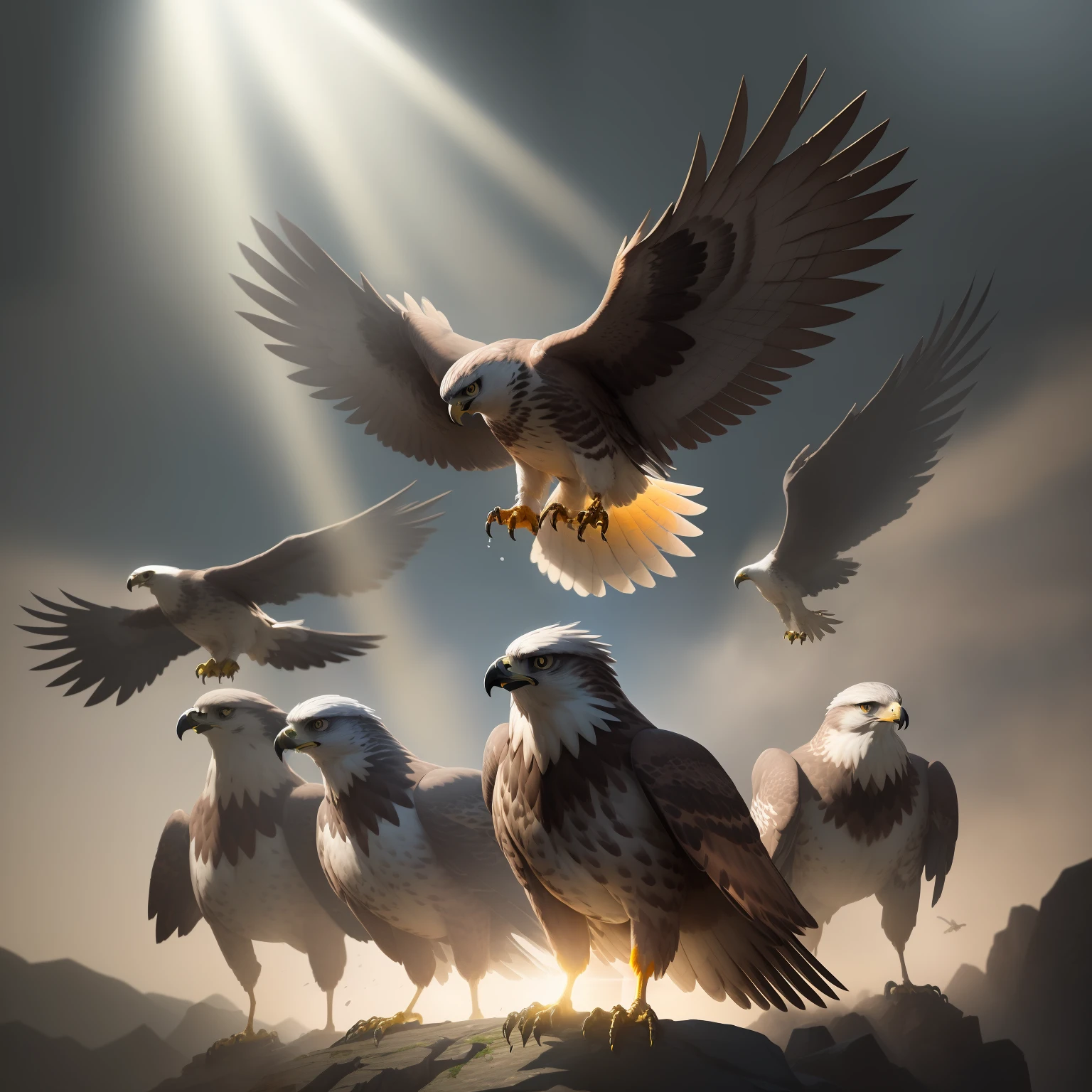 Grifth leader of the hawk pack.high detail, Realism, Action painting, Pop art, cinematic lighting, motion blur, blurry, glowing light, god rays, ray tracing, reflection light, backlighting, bloom, motion lines, optical illusion, silhouette, UHD, masterpiece, anatomically correct, textured skin, high details, high quality, best quality, 1080P, 4K, 16k