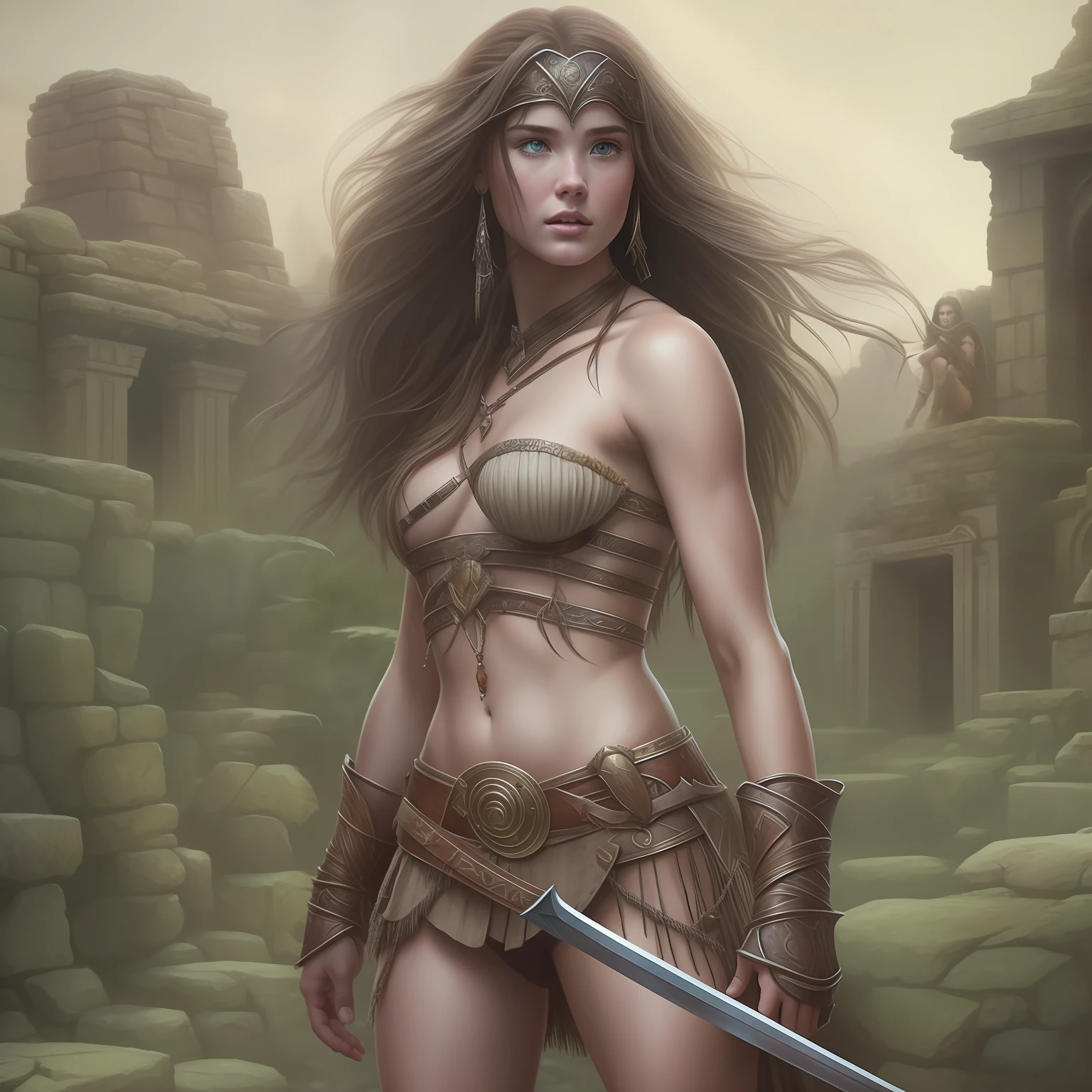hyper-realistic, ultra-detailed Full body pencil portrait in the style of Douglas Beekman and frank frazetta of a young woman resembling Ellie Bamber as a character from Conan the Barbarian, wearing ragged loincloths in the style of Conan The Barbarian, showing the whole body, depth of field, HOF, hall of fame, detailed gorgeous face, a shadowy abandoned ancient city scenery, evening lighting natural body posture, 64k, ultra-detailed, ultra-accurate detailed, medium bokeh lighting, ultra unreal engine, Douglas Beekman, detailed mascara