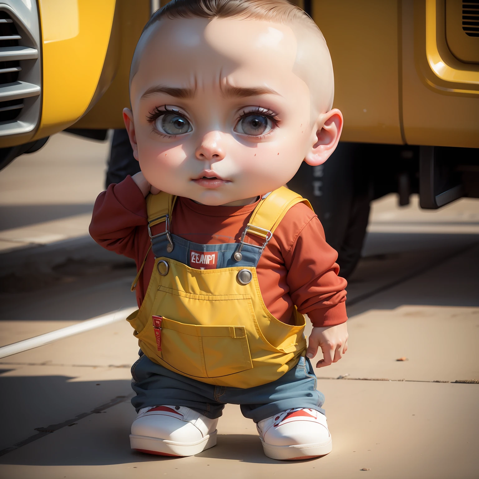 "Red overalls in a vibrant urban setting with graffiti and a bustling crowd."