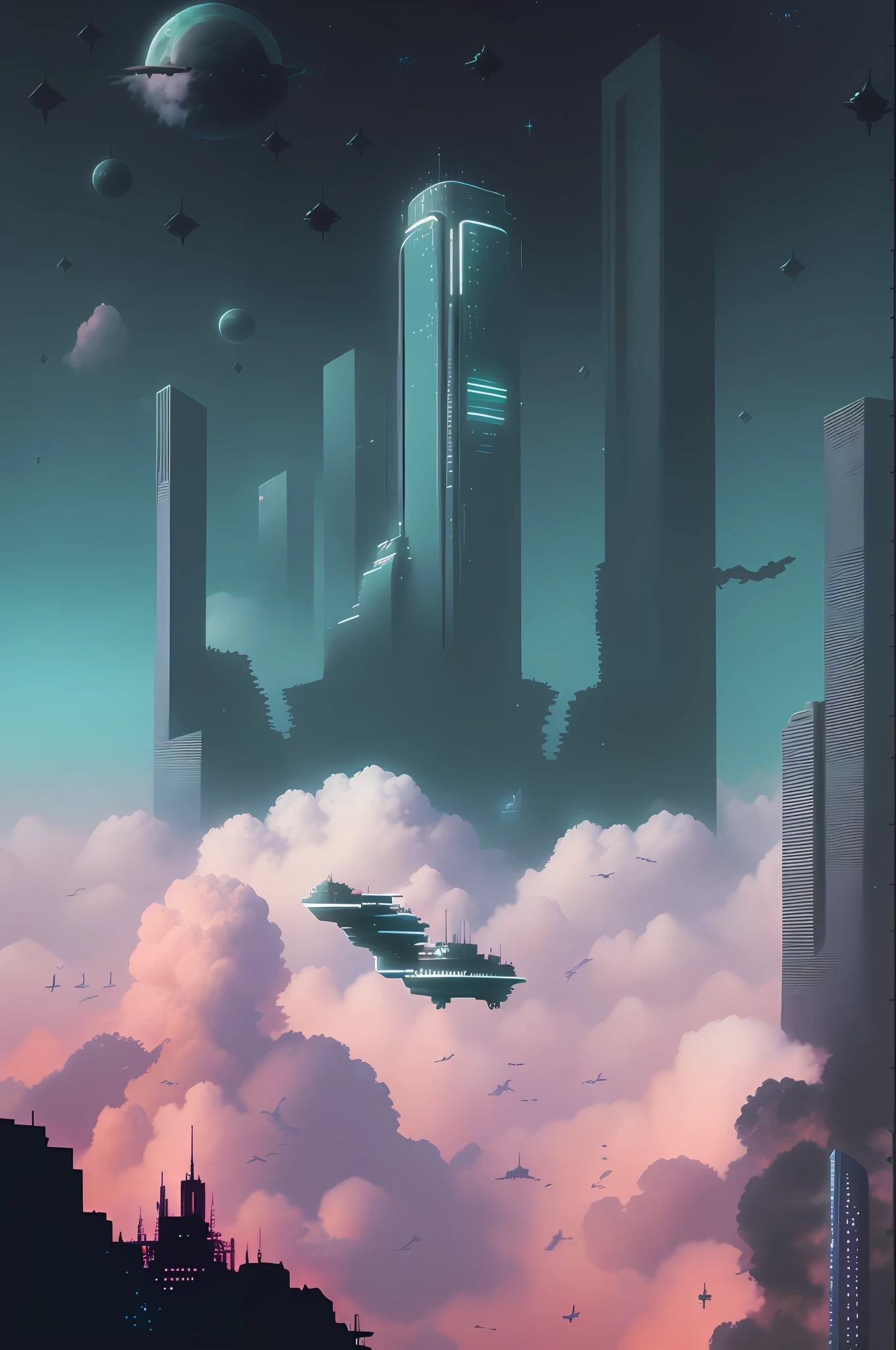 There is a painting,It is painted of a city with many buildings, city in the clouds, a city in the clouds, floating city on clouds, ethereal starlit city at sunset, City in the Sky, Futuristic city landscape, dreamlike illustration, Futuristic city landscape, calm evening. Digital illustration, fantasy cityscape, futuristic urban background, futuristic urban background, Floating city in the sky
