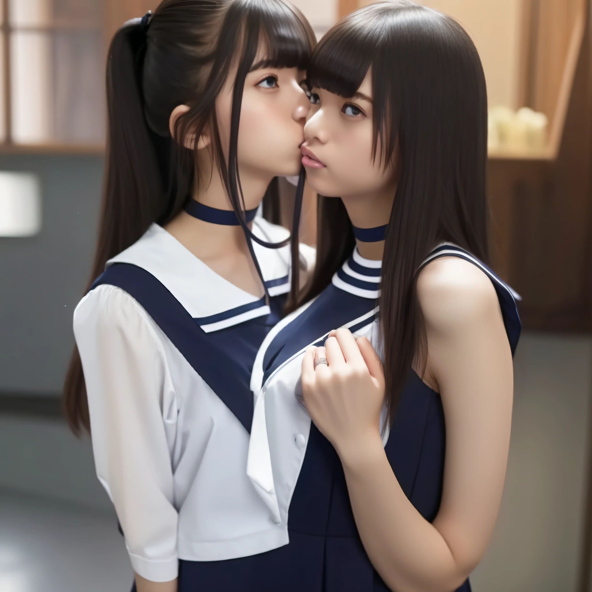 ​masterpiece、top-quality、full bodyesbian、bangss、Black choker、2girls、lilies、Lesbian Kiss、the kiss、(Dark hair)、Long、hug、cleavage of the breast、Plump breasts、Navy blue sailor suit、Slimed、see -through、micromini skirt、pleatedskirt、