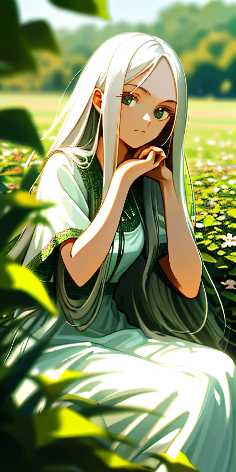 (masterpiece, best quality),1girl with long white hair sitting in a field of green plants and flowers, her hand under her chin, warm lighting, white dress, blurry foreground