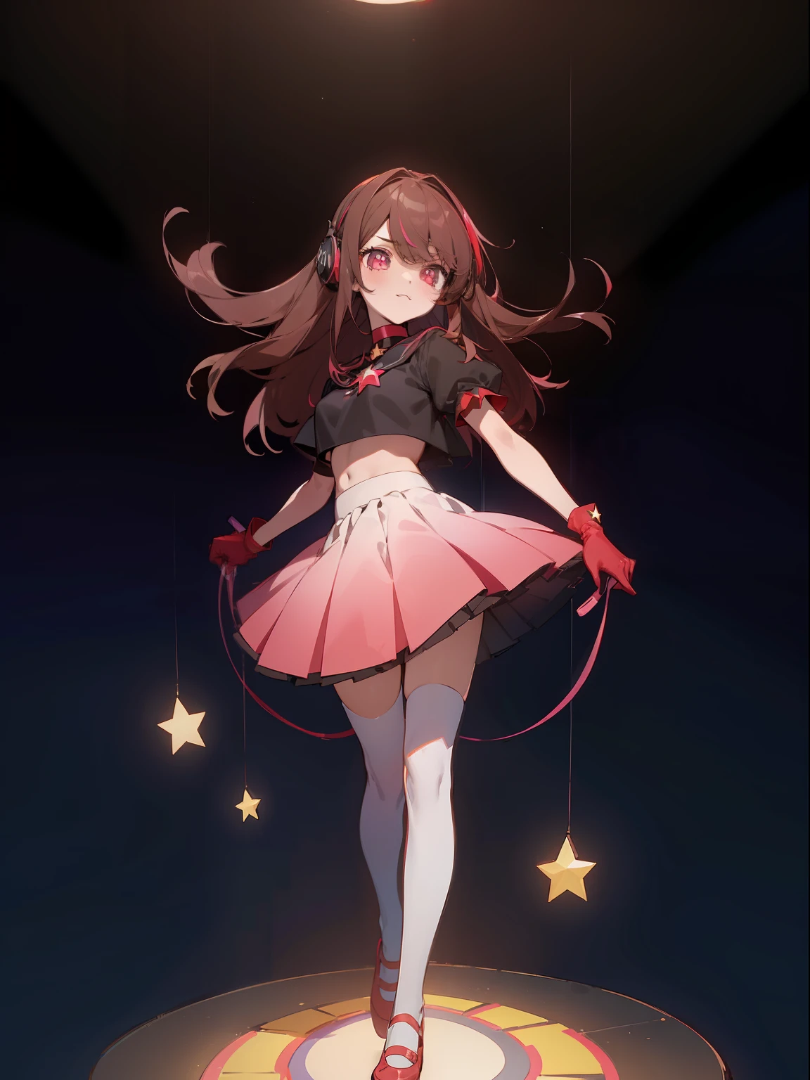 ((Masterpiece, highest quality)), (Best Picture:1.2), (Best Quality:1.3), colorful, anime, finely detail, full body, Standing, detailed face, full of details, highly detailed, depth, 1girl, girl in a skirt and headphones, :3, long hair, bangs, multicolored hair, gradient hair, [[brown hair]], brown hair with pink tips, [[[[[[pink hair]]]]]], black crop top, red skirt, pleated skirt, gloves, stockings, red shoes, black choker, red eyes, star (symbol), ((star-shaped pupils)),
