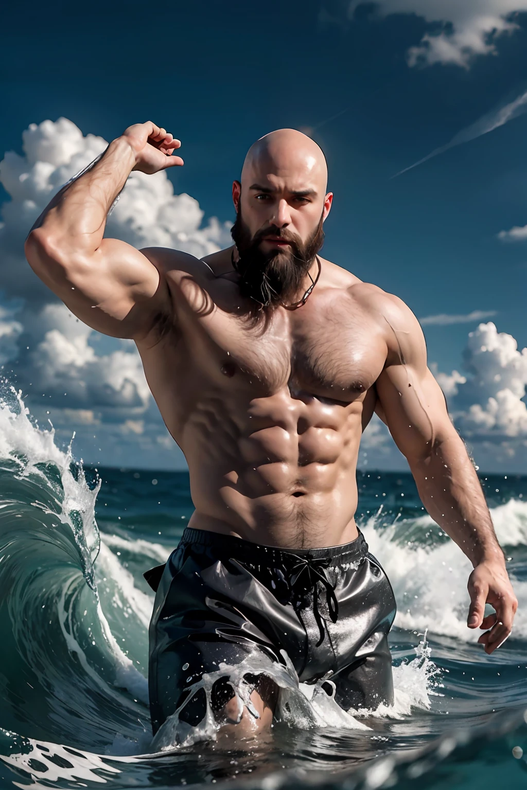 Arafed man with a beard and no shirt standing in the ocean - SeaArt AI