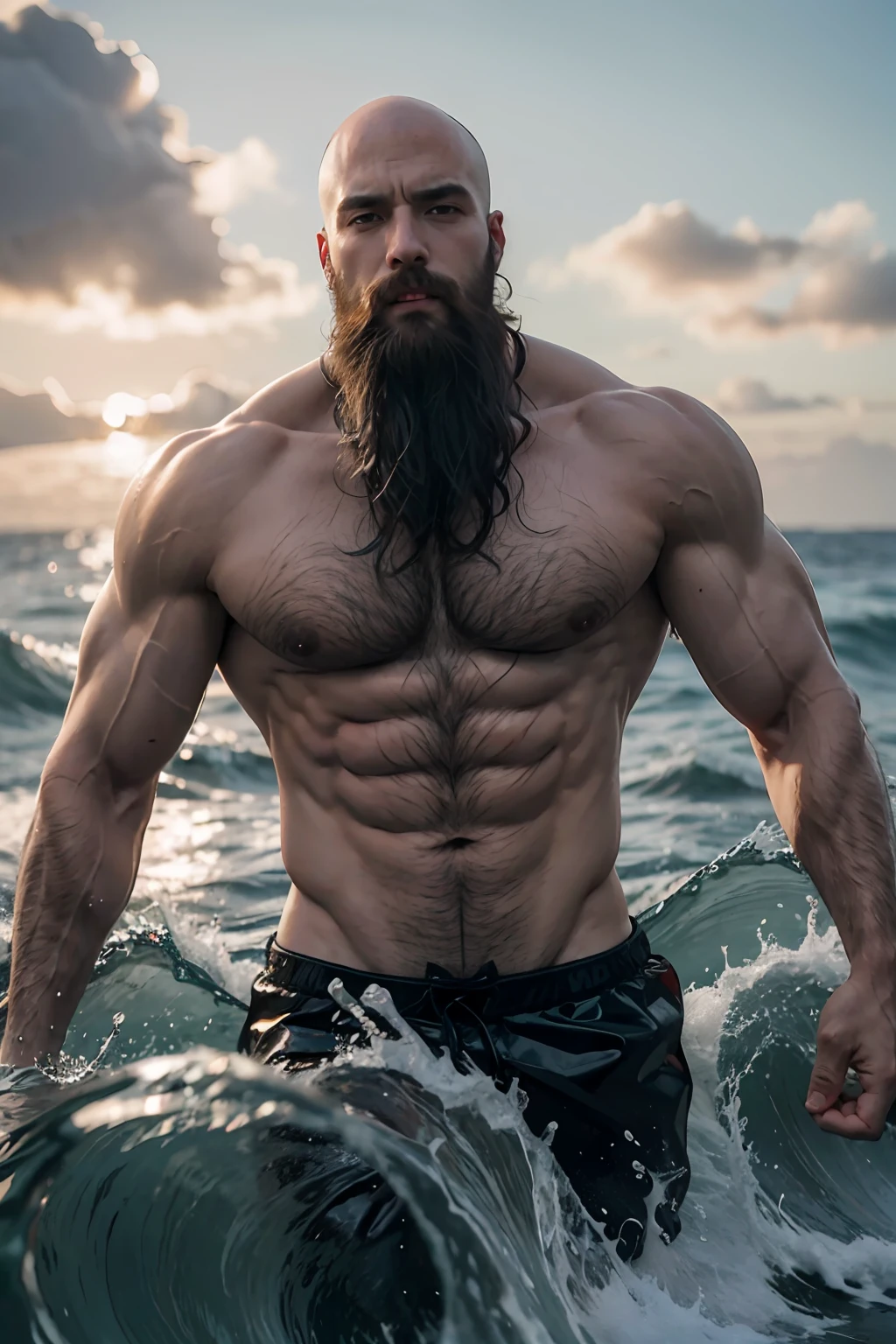Handsome bald beard muscular médiéval controlling waves of water