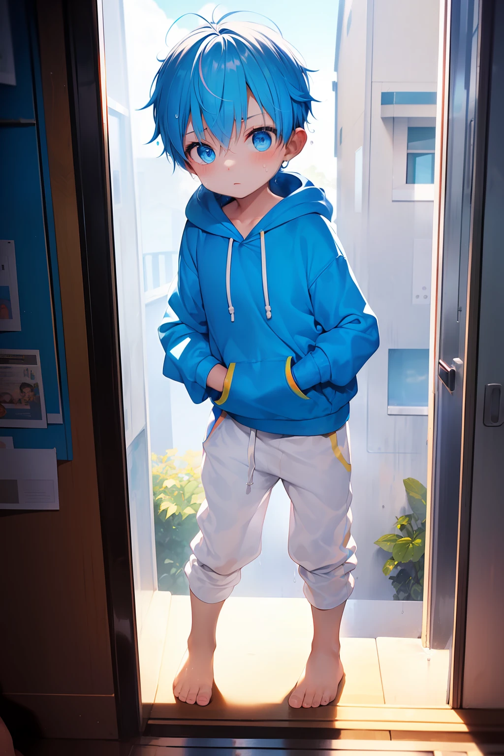 2 Little boys with bright rainbow colored hair and shiny bright blue eyes and barefoot and small feet wearing a yellow oversized hoodie and sweatpants sitting on a window ledge, blushing, young, boy, child, small, toddler, tiny feet, (sweatpants:1.4), (young:1.4), (child:1.4), (shota:1.4), (hoodie:1.4),