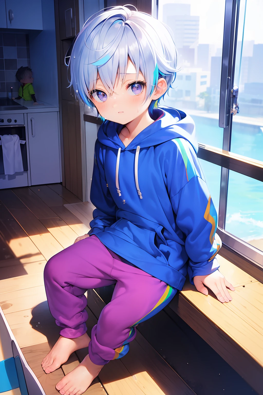 2 Little boys with bright rainbow colored hair and shiny bright purple eyes and barefoot and small feet wearing a yellow oversized hoodie and sweatpants sitting on a window ledge, blushing, young, boy, child, small, toddler, tiny feet, (sweatpants:1.4), (young:1.4), (child:1.4), (shota:1.4), (hoodie:1.4),