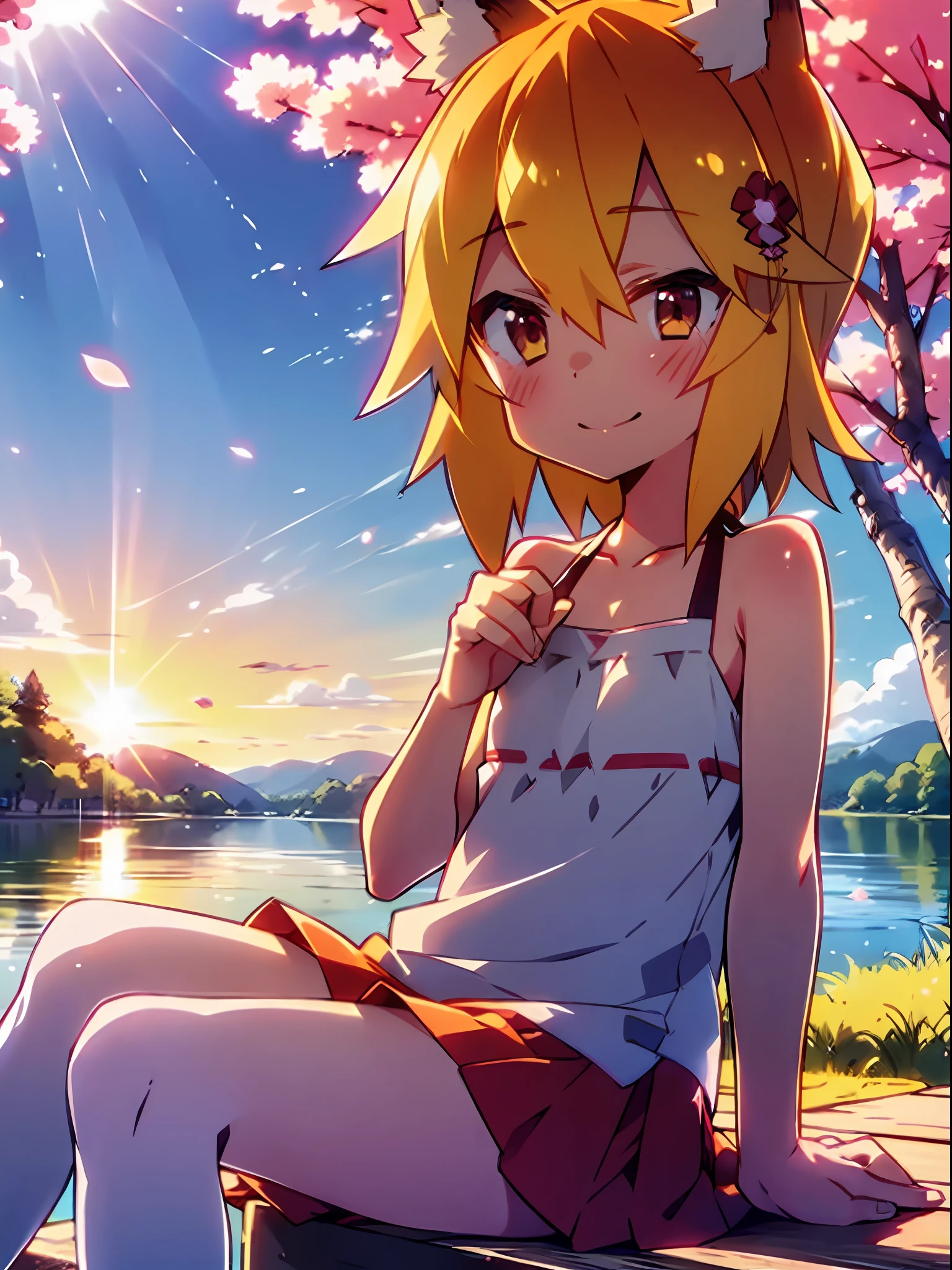 1girl, single girl, solo, (****:1.5), fox ears, fox tail, miko, ***********, short girl, (flat chest), (white knee socks), sitting on a bench, lake on background, sakura trees blossom, sakura leaves, cute swimsuit, kawaii swimsuit, happy realistic face, shy, smiling, beautiful hair, wearing cute hair clip, realistic, best quality, 8k, sunset, beautiful sky