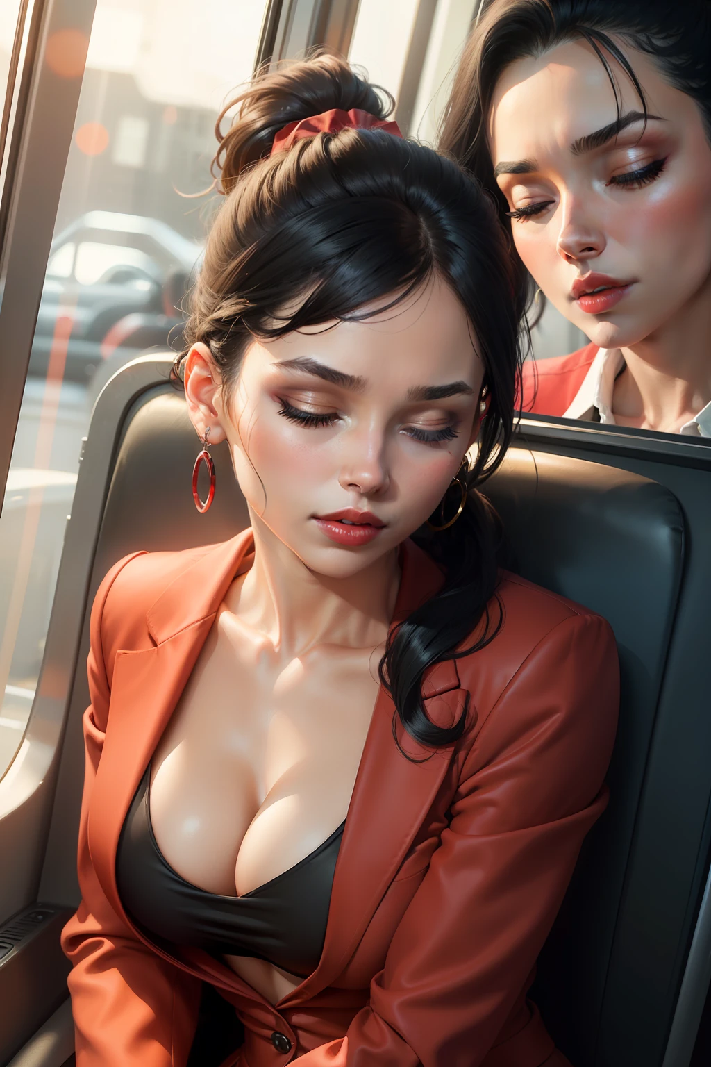 1 beautiful woman, 30 years old, made up face, full lips, black hair, hair in a ponytail, ponytail, bangs, small earrings, red suit, cleavage, red skirt, red lips, black shoes, big nails, made up eyelids, asleep lying on the bus, eyes closed, mouth open.