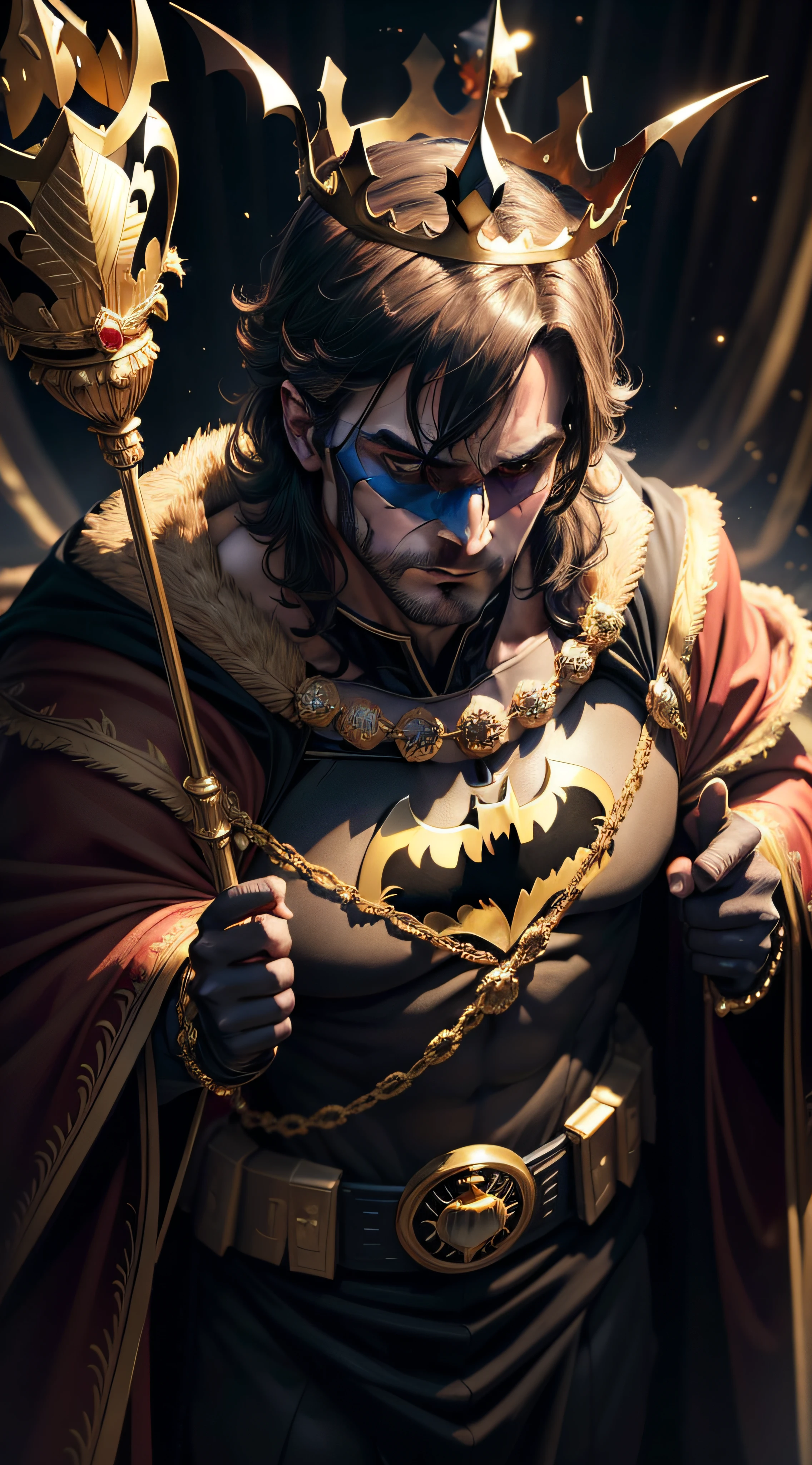 a close up of a batman in a crown and a crown on his head, batman as the new king of great britain, batman wearing a royal robe, with scepter and crown, batman wearing a crown and suit, god save the queen!!!, wearing gilded red royal robes, monarchy, wearing long royal robe, bejewelled and encrusted royalty