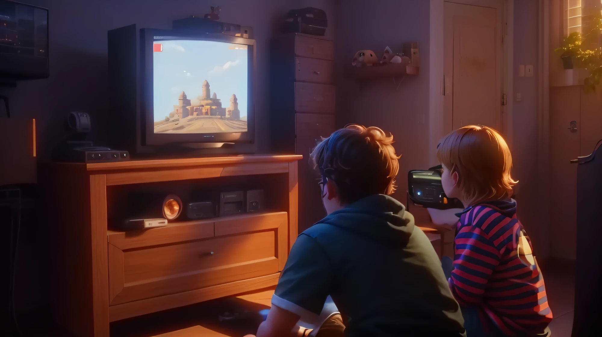 There are two kids playing video games on television, Comercial de TV, videogame ainda, videogame ainda, Motor irreal. retro film still, video - game, ps5 cinematic screen capture, Captura de tela do videogame, Video game, nostalgic 8k, Chris Pratt como Super Mario, sala de jogos em 2 0 4 0, playing video games, Video game style