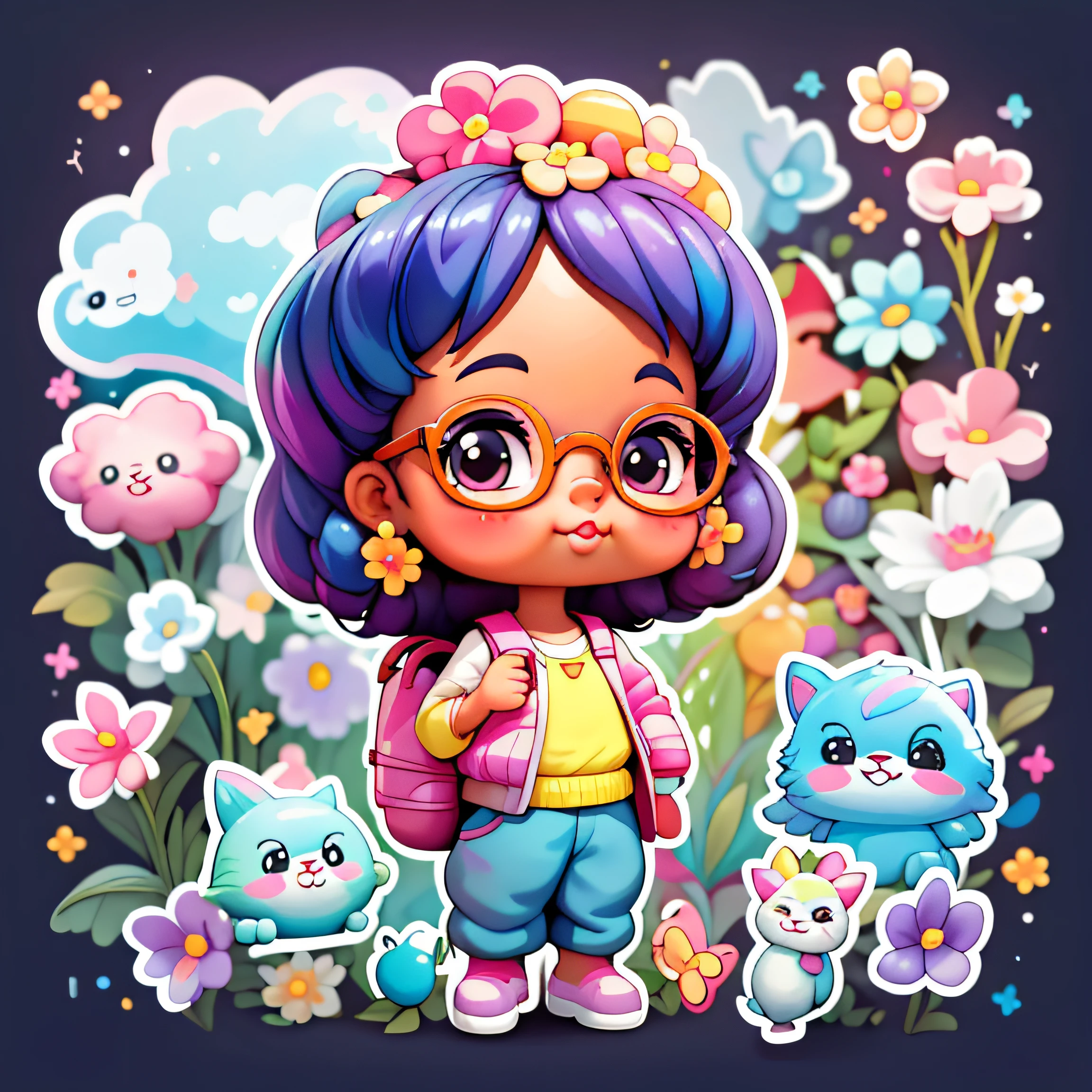 a cartoon girl with glasses, african american girl, african american elegant girl, purple backpack, long pants, lots of bubbles, flowers, super cute funky black girl, cute detailed digital art, portrait of a lisa frank, cute digital art, cartoon artstyle, cartoon art style, colorfull illustration, advanced digital chibi art, cartoon style illustration, adorable digital painting, cute art style, lisa frank style, cute cartoon character, colorful flowers