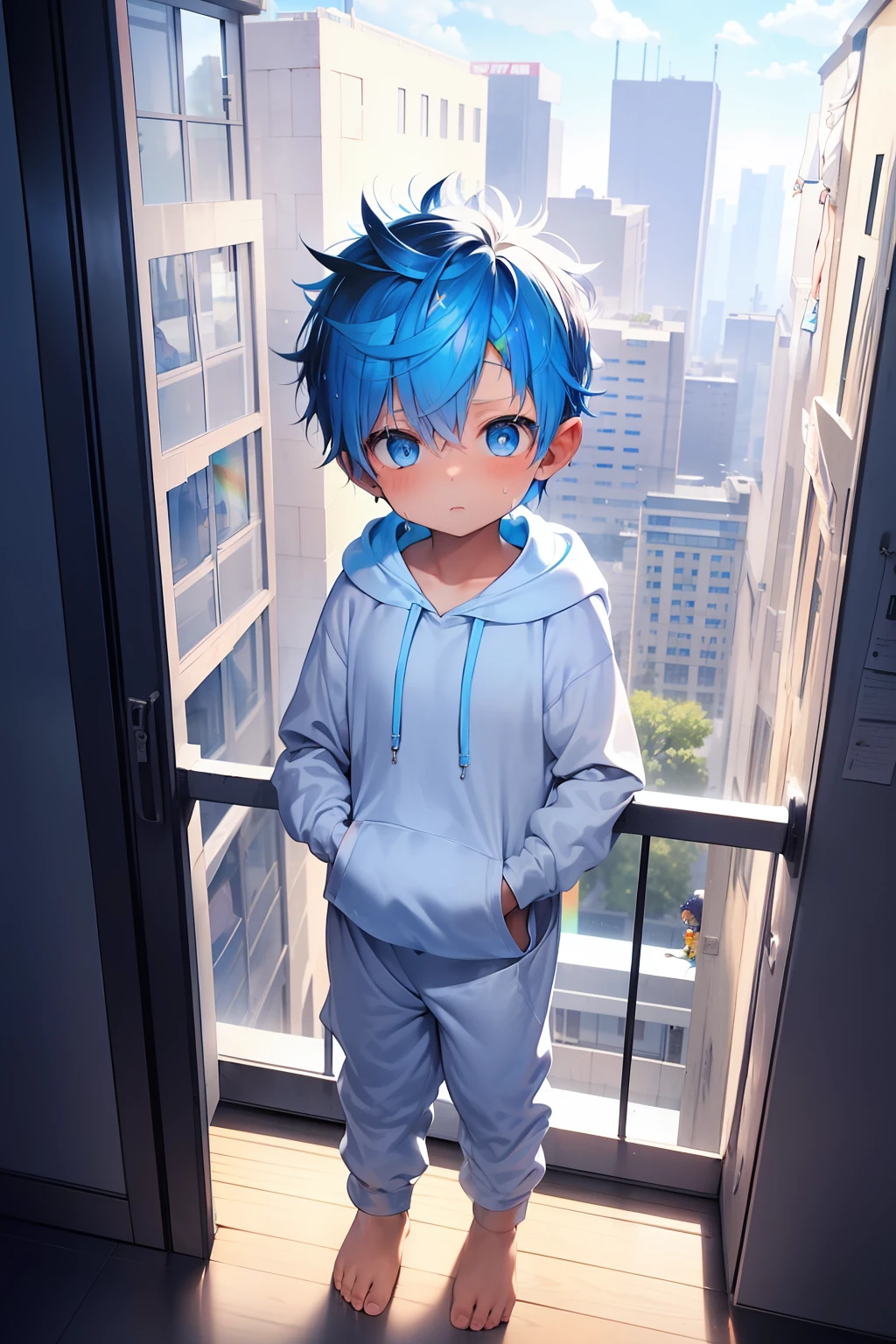 2  boys with bright rainbow colored hair and shiny bright blue eyes and barefoot and small feet wearing a yellow oversized hoodie and sweatpants sitting on a window ledge, blushing, young, boy, child,l, toddler, ti feet, (sweatpants:1.4), (young:1.4), (child:1.4), (shota:1.4), (hoodie:1.4),  (hoodie:1.4)