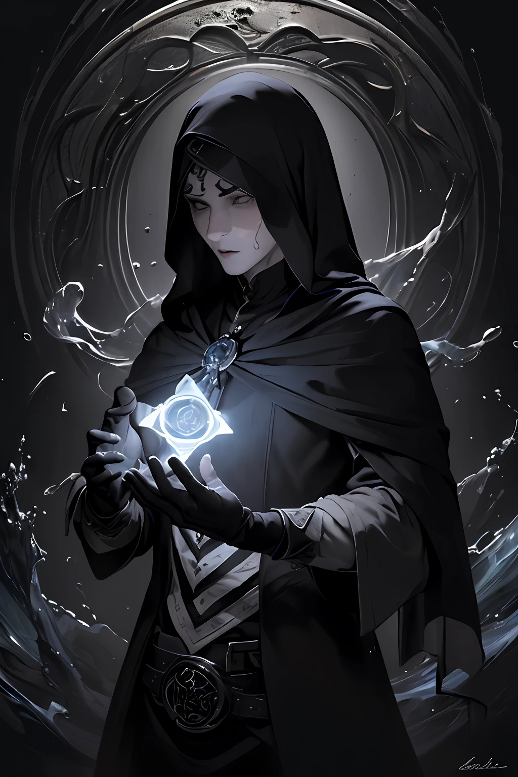 (Masterpiece, Best quality:1.4),(absurdes, high resolucion, Ultra detailded:1.2), (1 bel homme:1.4),(Utilisation de la magie noire:1.4),water magic,Illustrations ludiques, superpositions imaginatives, Fusion artistique,fantastical scenes, evocative narratives, Des visuels saisissants, Haut du corps,