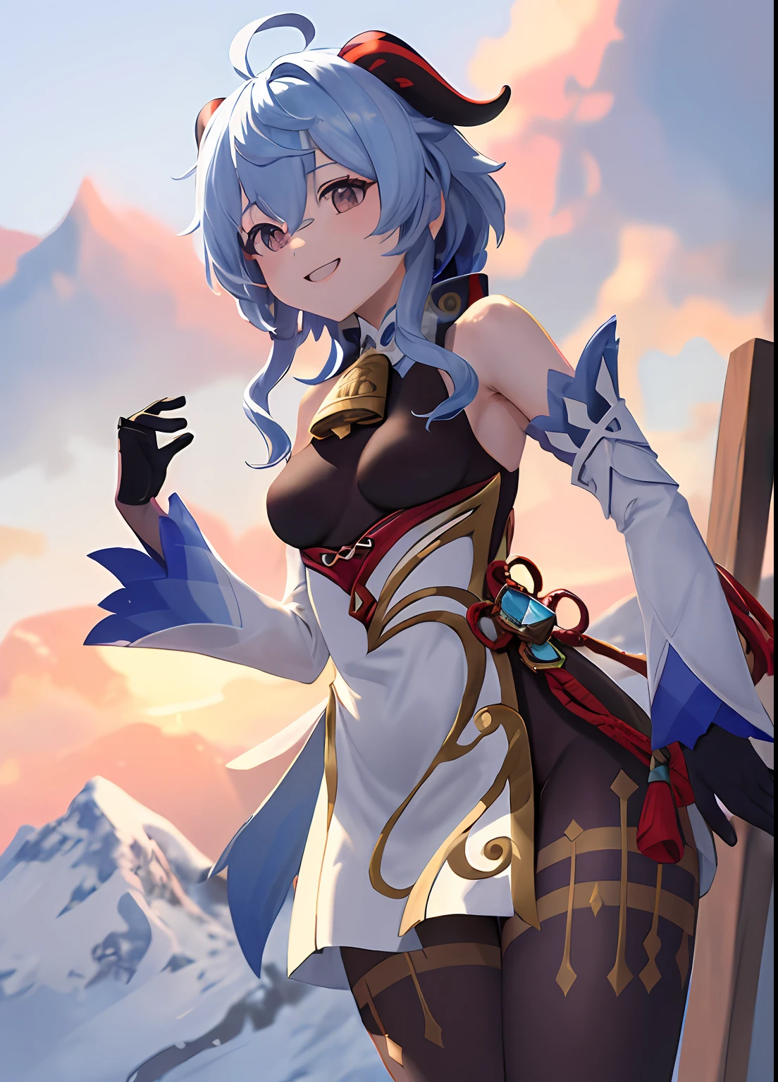 ganyudef, cuerpo completo, sonrisa, rubor, al aire libre, tag, fondo simple, cielo azul, pelo corto, cielo, templo, vestido blanco, mirando al espectador, mountains, moody lighting,