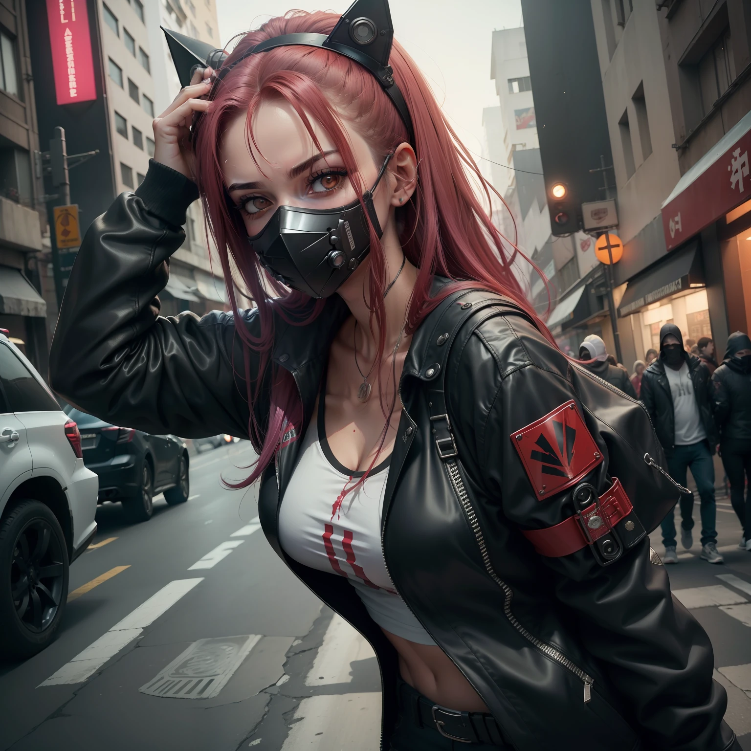 (melhor qualidade, qualidade superior,8k,imagem real, imagem realista, dark), mulher andando em uma cidade antiga com uma faca suja de sangue, wearing a cyberpunk mask, suja de sangue, lama e graxa, com roupa rasgada. desespero, agonia, horror.