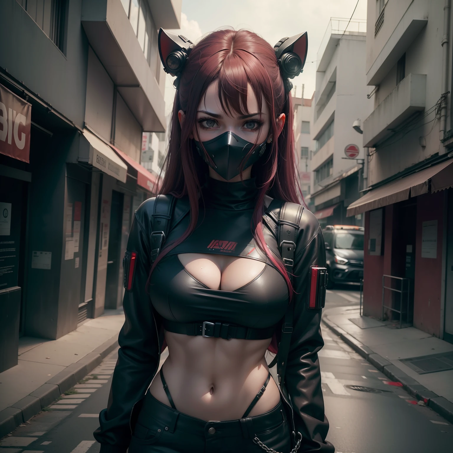 (melhor qualidade, qualidade superior,8k,imagem real, imagem realista, dark), mulher andando em uma cidade antiga com uma faca suja de sangue, wearing a cyberpunk mask, suja de sangue, lama e graxa, com roupa rasgada. desespero, agonia, horror.