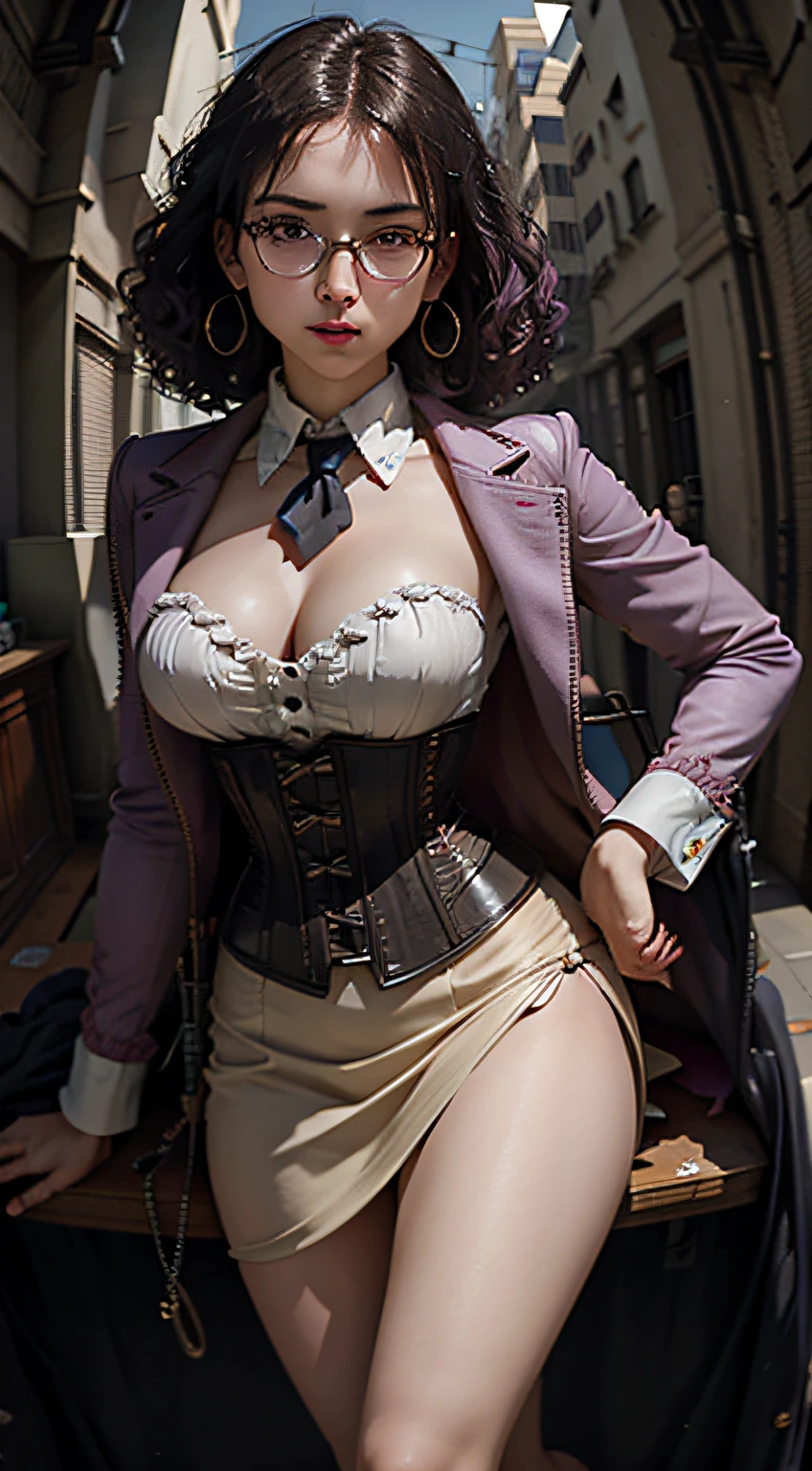 Masterpiece, best quality, (1 person: 1.3), 25 years old, short hair, colored tips, curly hair, colored glasses, earrings, gun, tie,  photograph, corset, mafia style, handcuffs, wrap jacket, street, from above, (Dutch angle, fisheye), lens flare, depth of field