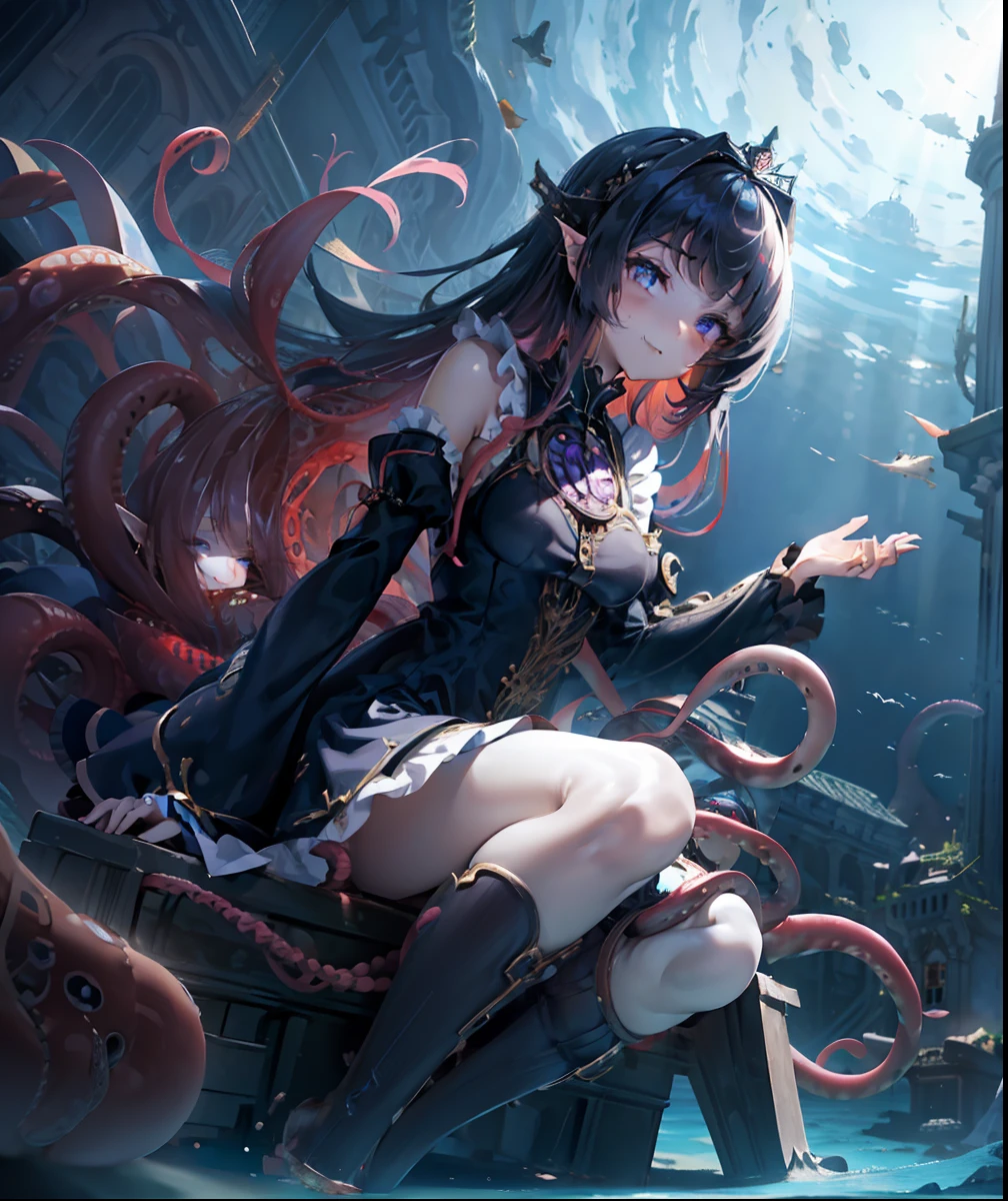 ((giantess girl. bottom of the ocean:1.2)). Beautiful girl leans out from behind the church、Look down on us. The church sank to the bottom of the sea. Girl wears a purple Gothic ****ta style dress. She looks younger. Her eyes are big. she is smiling. Wriggling tentacles. Broken church.Bottom of the deep sea.