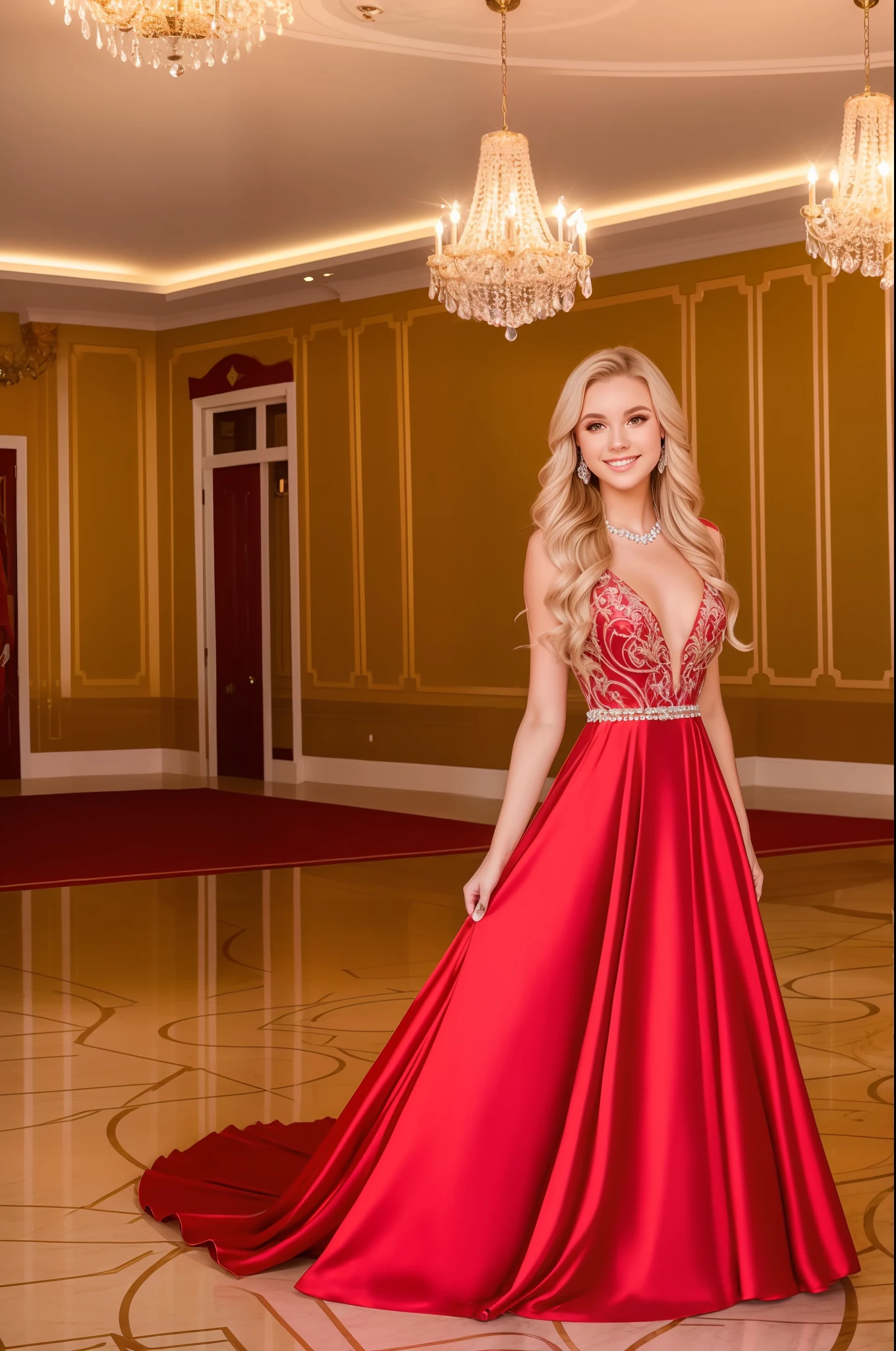 A very beautiful blond young woman in her early twenties, standing in a beautiful ballroom, wearing a beautiful long red prom dress, long dress, with a beautiful neckline and ruby ​​and diamond jewelry forming a stunning sight. --auto