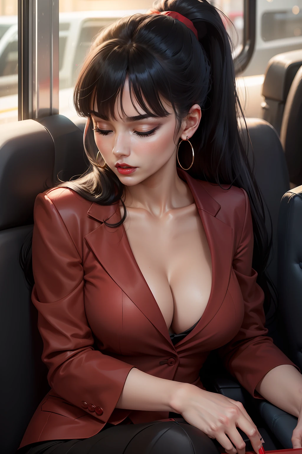 1 beautiful woman, 30 years old, made up face, full lips, black hair, hair in a ponytail, long ponytail, hair with bangs, small earrings, red suit, cleavage, red skirt, red lips, black shoes, big nails, made up eyelids, asleep lying on the bus, eyes closed, mouth open.