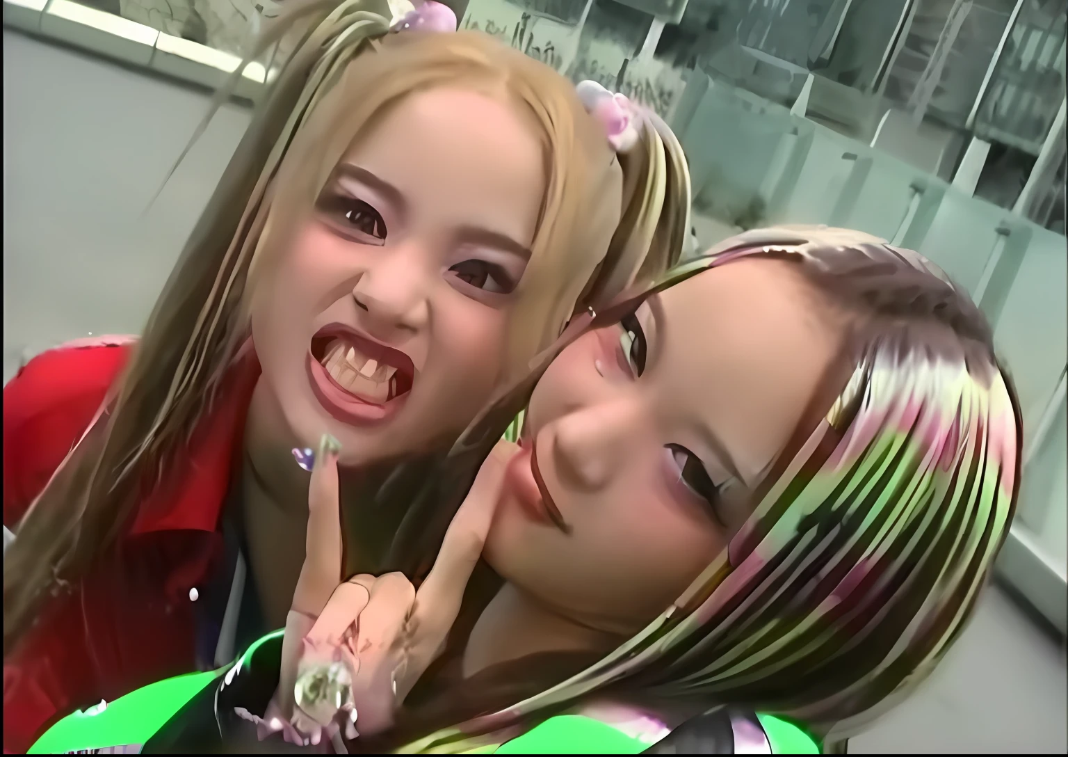 Two girls with long and colorful hair pose for photo, y 2 k cutecore clowncore, and 2K fashion, y2k style, y 2 k style, 90s makeup, y2k", 90s japan, Y2K Aesthetics, y 2 k esthetics, yoshitomo nara and aya takano