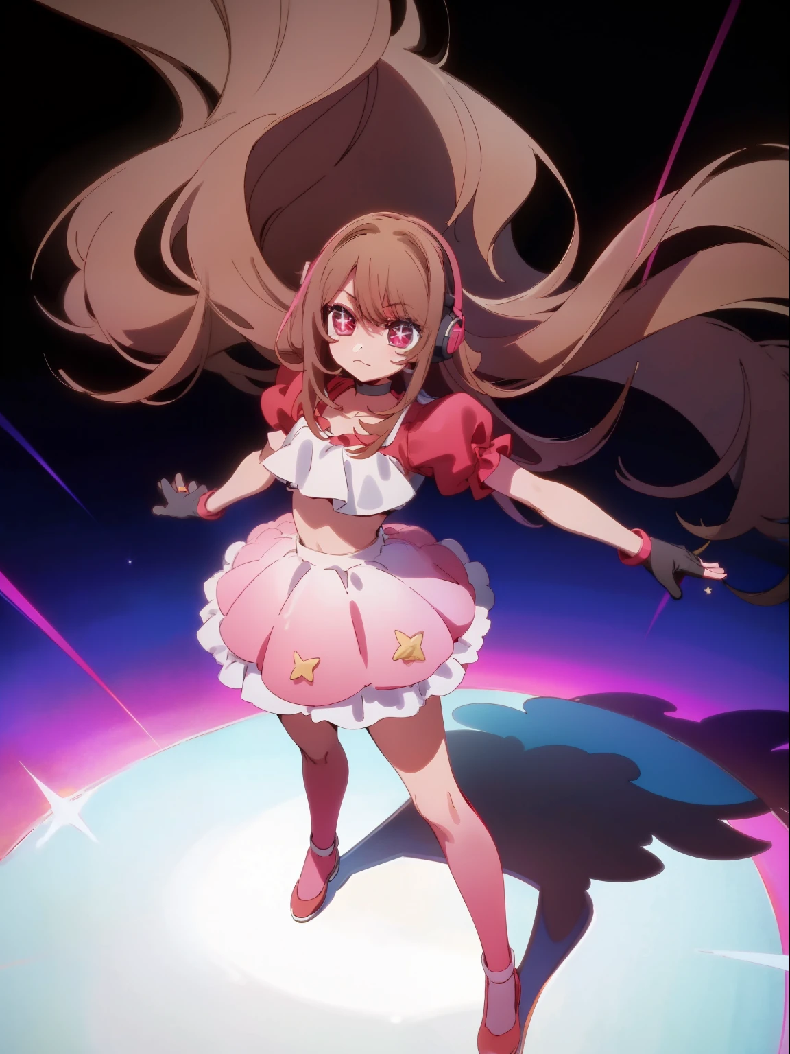 ((Masterpiece, highest quality)), (Best Picture:1.2), (Best Quality:1.3), colorful, anime, finely detail, full body, Standing, detailed face, full of details, highly detailed, depth, 1girl, girl in a skirt and headphones, :3, long hair, bangs, multicolored hair, gradient hair, [[brown hair]], brown hair with pink tips, [[[[[[pink hair]]]]]], black crop top, red skirt, pleated skirt, gloves, stockings, red shoes, black choker, red eyes, ((star-shaped pupils)),