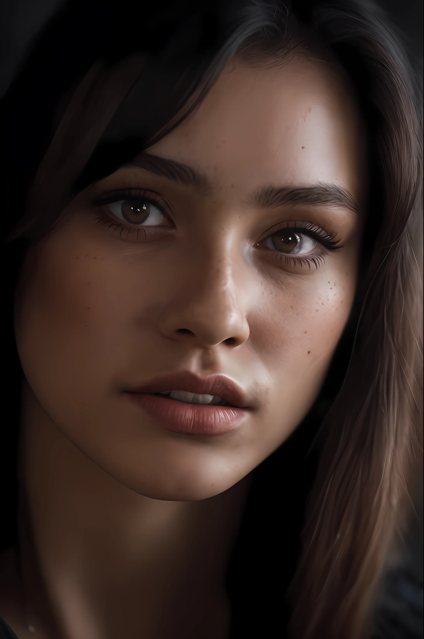 (close-up, editorial photograph of a 21 year old woman), (highly detailed face:1.4) (smile:0.7) (background inside dark, moody, private study:1.3) POV, by lee jeffries, nikon d850, film stock photograph ,4 kodak portra 400 ,camera f1.6 lens ,rich colors ,hyper realistic ,lifelike texture, dramatic lighting , cinestill 800,