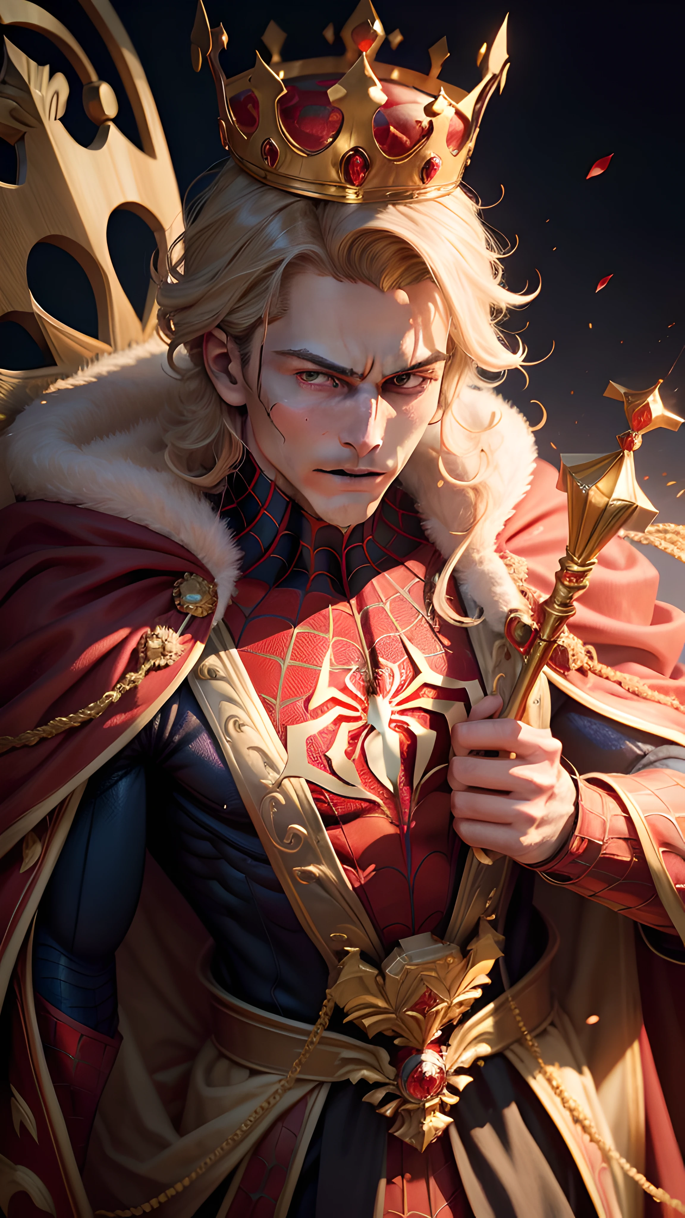 a close up of a spiderman in a crown and a crown on his head, spiderman as the new king of great britain, spiderman wearing a royal robe, with scepter and crown, spiderman wearing a crown and suit, god save the queen!!!, wearing gilded red royal robes, monarchy, wearing long royal robe, bejewelled and encrusted royalty