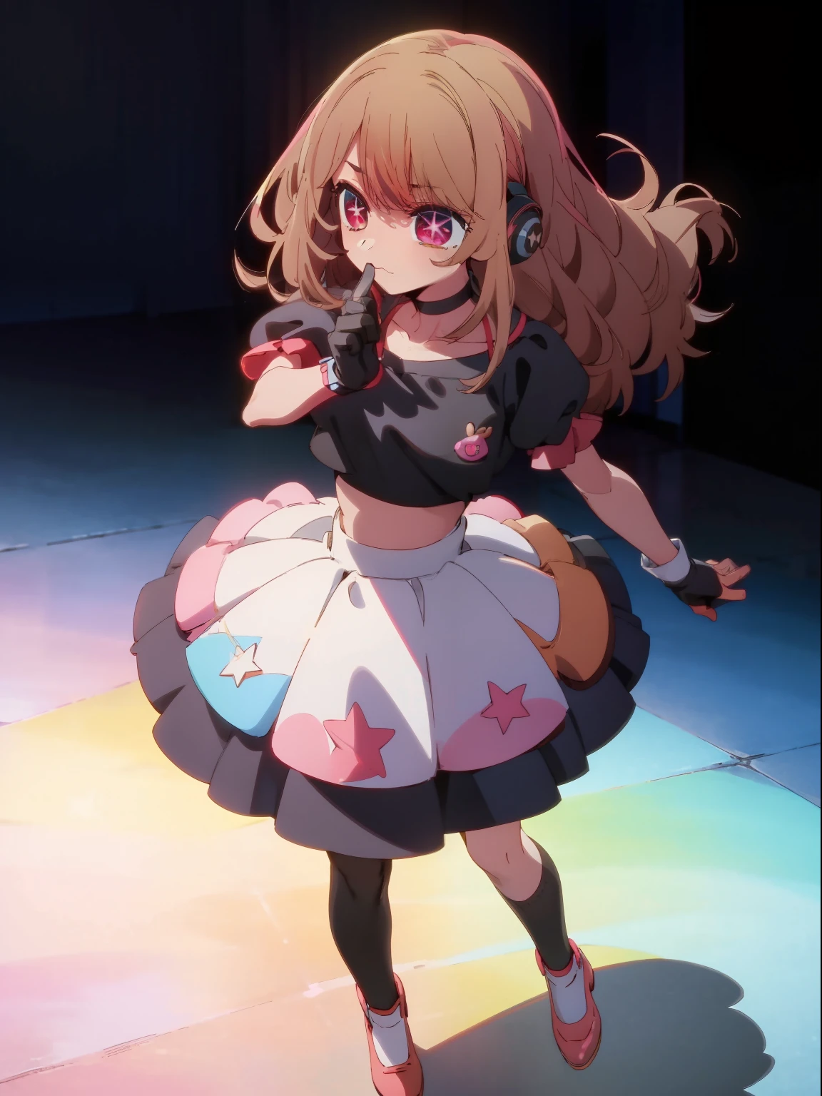 ((Masterpiece, highest quality)), (Best Picture:1.2), (Best Quality:1.3), colorful, anime, finely detail, full body, Standing, detailed face, full of details, highly detailed, depth, 1girl, girl in a skirt and headphones, :3, long hair, bangs, multicolored hair, gradient hair, [[brown hair]], brown hair with pink tips, [[[[[[pink hair]]]]]], black crop top, red skirt, pleated skirt, gloves, stockings, red shoes, black choker, red eyes, ((star-shaped pupils)),