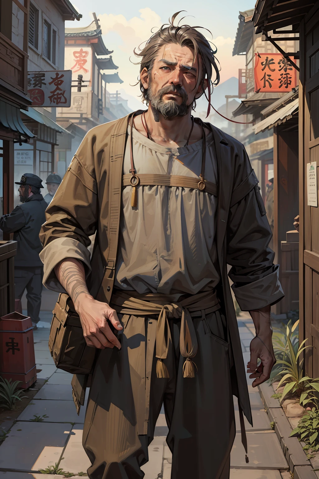 intoxicated, Alcoholic cultivator in a XianXia, Ancient setting, repulsive face, primitive savagery, character, good anatomy, male, clothed, Chinese homeless man.