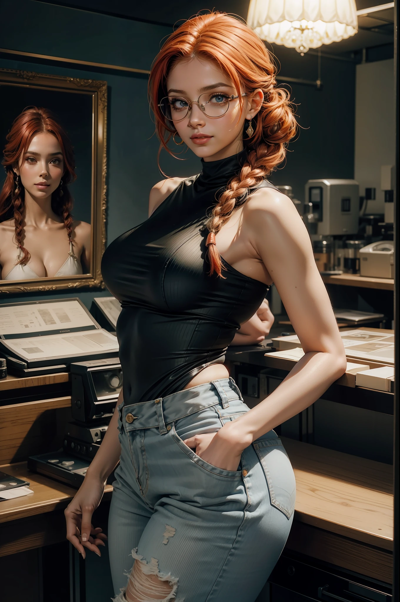 foto de corpo inteiro de uma senhora (elegante) Standing in the studio lab, top branco, decote extravagante, torn pants, eyeglass, boca fechada, (olhos sorridentes: 0.2), olhando para o espectador,  deitada em uma maca de hospital (obra-prima, melhor qualidade: 1.2), absurdres, arte perfeita, trending in the artstation, altamente detalhado, delicado, (realista, foto-realista: 1.37), retrato, luz no rosto, rosto detalhado, seios grandes, mulher perfeita de corpo robusto, coxas grossas, bunda grande em um jens apertado, high angle photo, Camera Spiked Ass, super gostosa, 8k, ultra realista, busto estourando o tecido, rosto lindo e super detalhado, red hair in braids, bunda gigante,