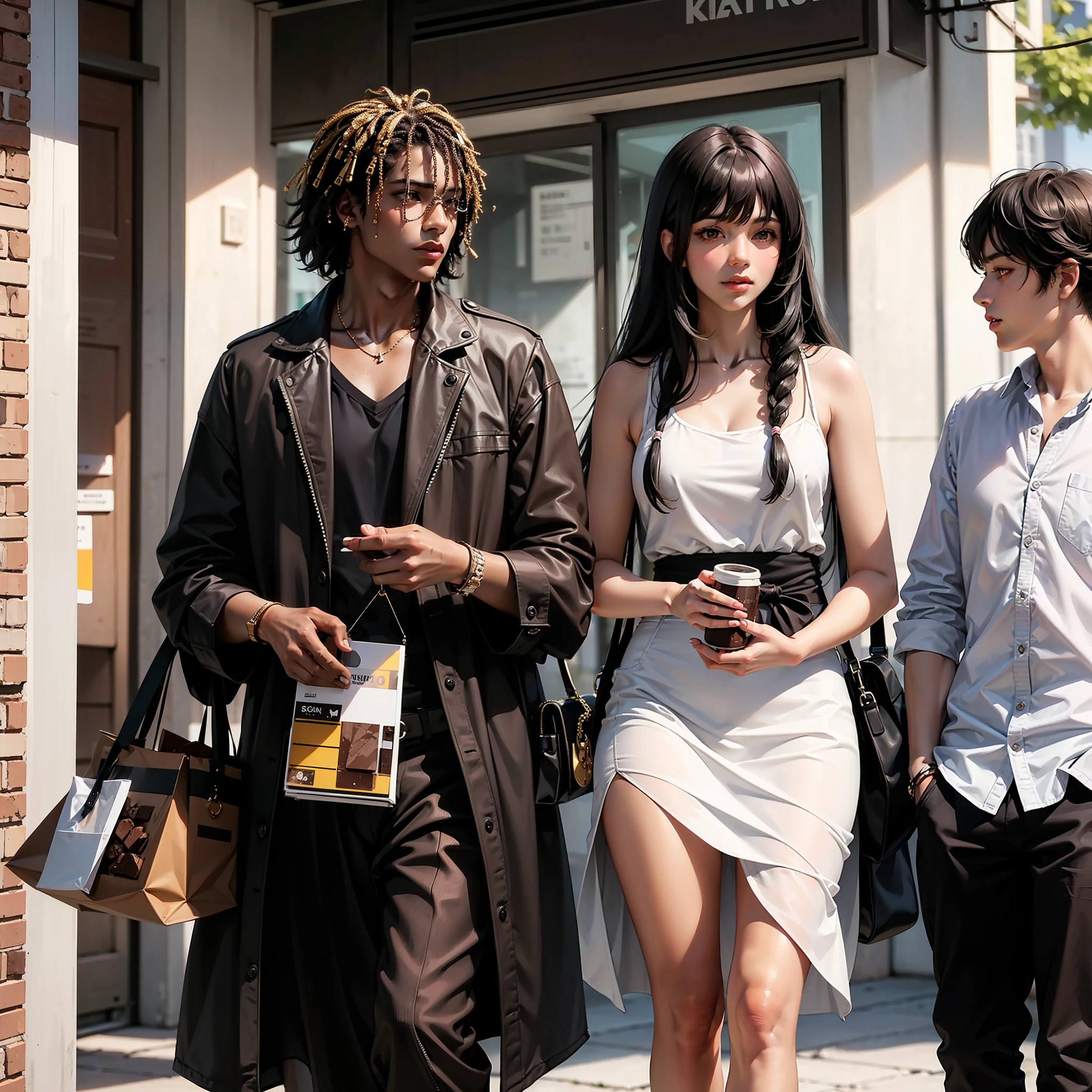 A man and a woman ((chocolate skin)) looking at each other, the woman has long black hair, the man has bangs and short black hair