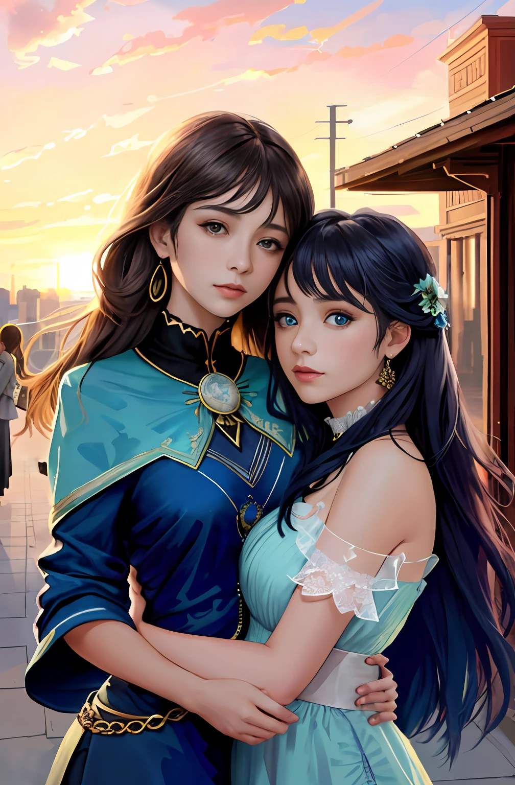 (Positive focus, Original photo),(((model shoot,2girls,duo,Hugging))),navel,Portrait close-up, (Sunset: 1.1), Surrealistic Female Portraits by David Hockney and Alphonse Mucha, Fantasy art, (Blue pupil: 1.4, shiny pupils: 1.4, Big eyes: 1.1), Photo fidelity, Dynamic lighting, Art Station, poster for, voluminetric lighting, Very detailed face, 4K, Award-winning, Shadows, understated, (official outfit: 1.4, Complex clothing), Looking at the camera, Bust Up Shot, (Realistic face)),