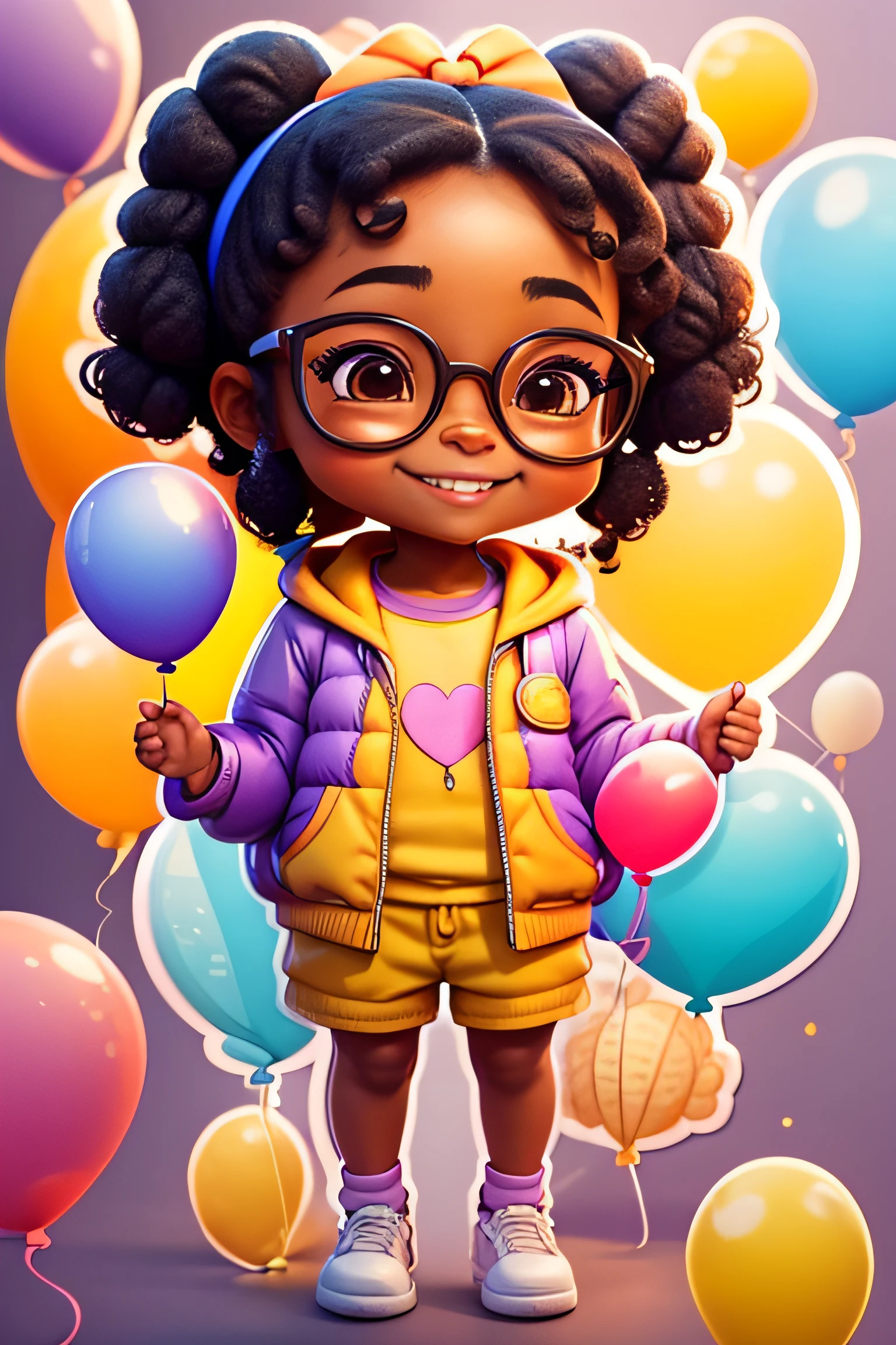 Loli girl, dark brown complexion, african american, happy smile, beautiful and cute, wearing yellow glasses, purple jacket, white sweatshirt, pants, lots of colorful balloons, , chibi style, red and blue two-color hair, ponytail braided hair, perfect detail eyes, delicate face, perfect CG, HD picture quality, colorful balloons, sky, happy