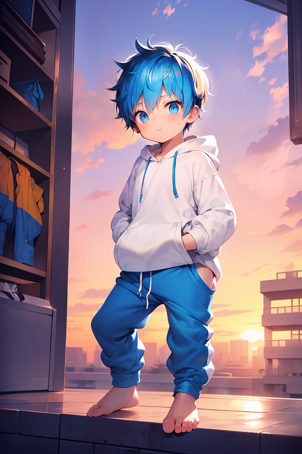 2 Little boys with bright rainbow colored hair and shiny bright blue eyes and barefoot and small feet wearing a yellow oversized hoodie and sweatpants sitting on a window ledge, blushing, young, boy, child, small, toddler, tiny feet, (sweatpants:1.4), (young:1.4), (child:1.4), (shota:1.4), (hoodie:1.4), (Sunset:1.4)