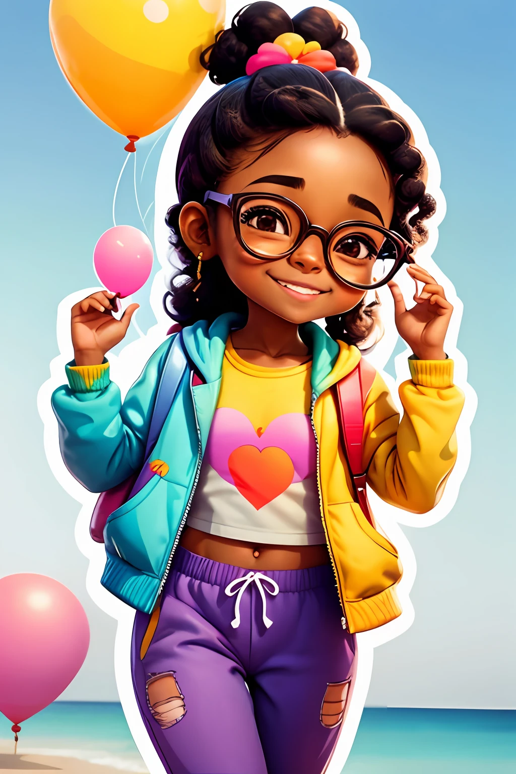 Loli girl, dark brown complexion, african american, happy smile, beautiful and cute, wearing yellow glasses, purple jacket, white sweatshirt, pants, lots of colorful balloons, baby face, chibi style, red and blue two-color hair, ponytail braided hair, perfect detail eyes, delicate face, perfect CG, HD picture quality, colorful balloons, sky, happy