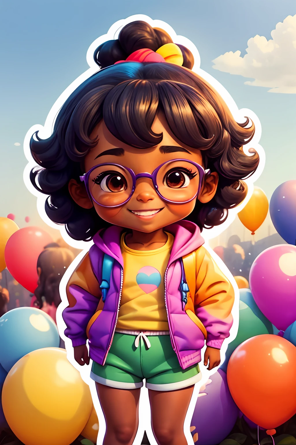 Loli girl, dark brown complexion, african american, happy smile, beautiful and cute, wearing yellow glasses, purple jacket, white sweatshirt, pants, lots of colorful balloons, baby face, chibi style, red and blue two-color hair, ponytail braided hair, perfect detail eyes, delicate face, perfect CG, HD picture quality, colorful balloons, sky, happy