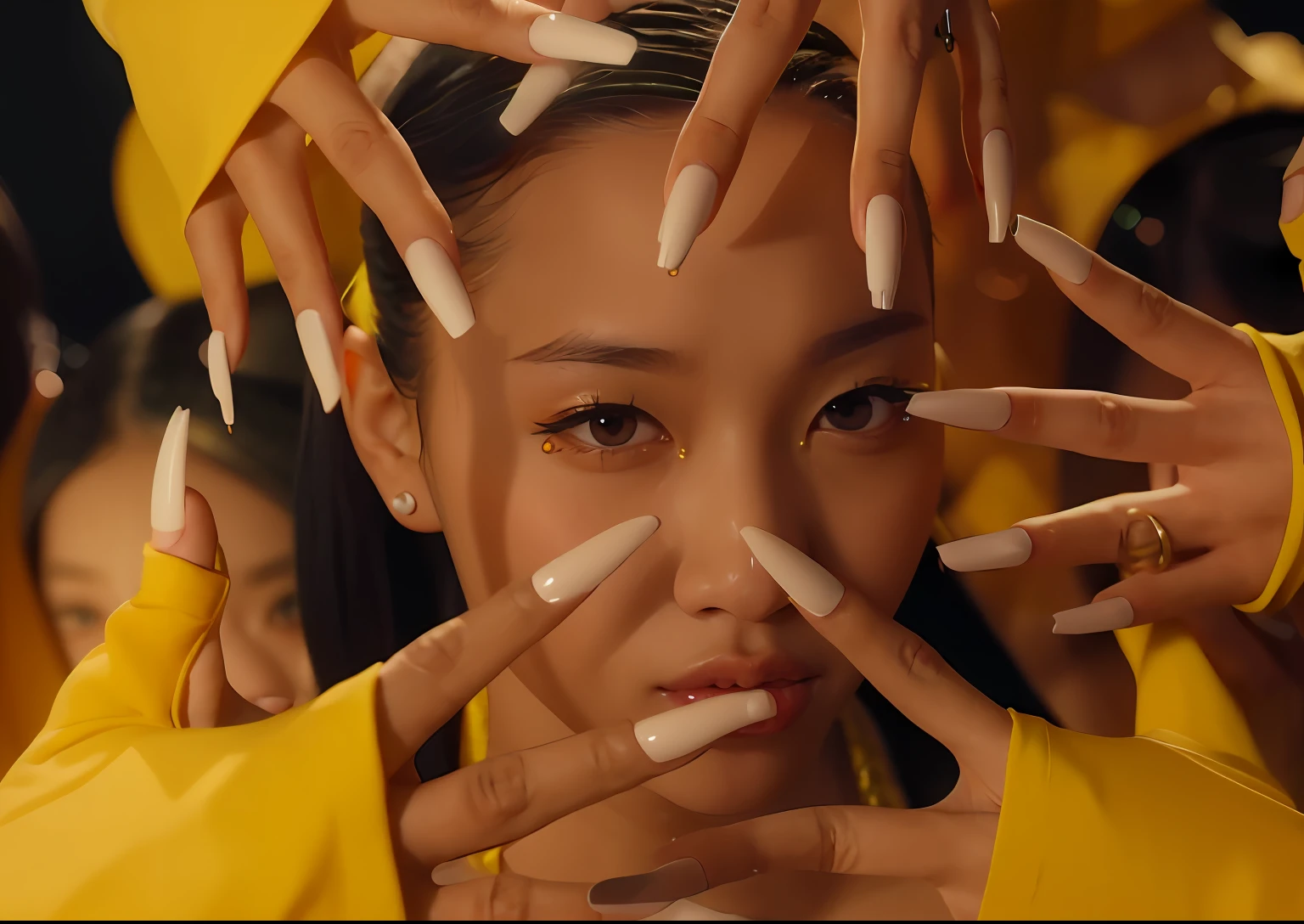 Alaf with white nails and yellow clothes is wearing claws, still from a music video, music video, sha xi, with fingers, Highlight, jimin, Many fingers, jisoo from blackpink, with index finger, with yellow cloths, closeup portrait shot, jisoo of blackpink, key still, yellow pupils, blackpink jennie, up close shot