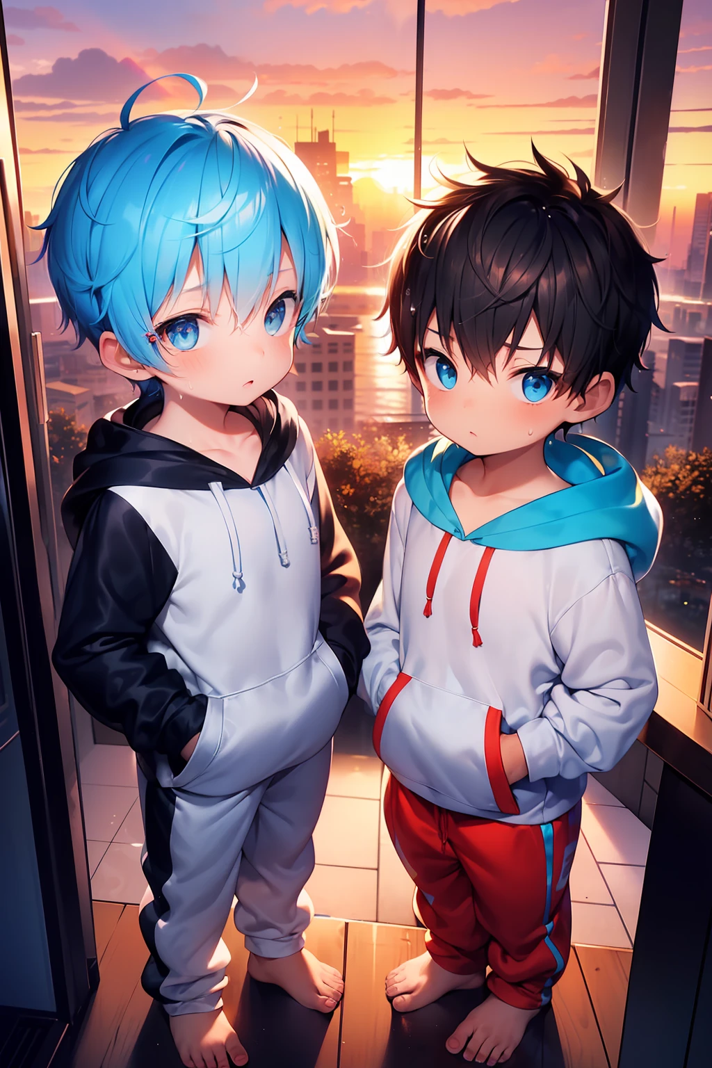 2 Little boys with bright rainbow colored hair and shiny bright blue eyes and barefoot and small feet wearing a yellow oversized hoodie and sweatpants sitting on a window ledge, blushing, young, boy, child, small, toddler, tiny feet, (sweatpants:1.4), (young:1.4), (child:1.4), (shota:1.4), (hoodie:1.4), (Sunset:1.4)