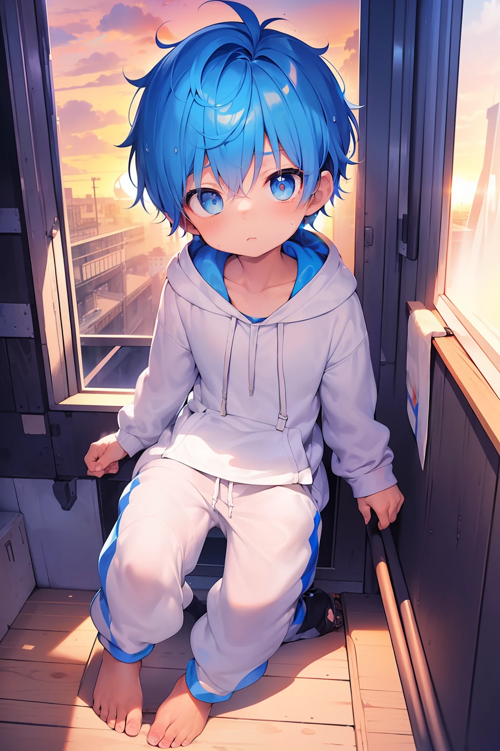 2 Little boys with bright rainbow colored hair and shiny bright blue eyes and barefoot and small feet wearing a yellow oversized hoodie and sweatpants sitting on a window ledge, blushing, young, boy, child, small, toddler, tiny feet, (sweatpants:1.4), (young:1.4), (child:1.4), (shota:1.4), (hoodie:1.4), (Sunset:1.4)