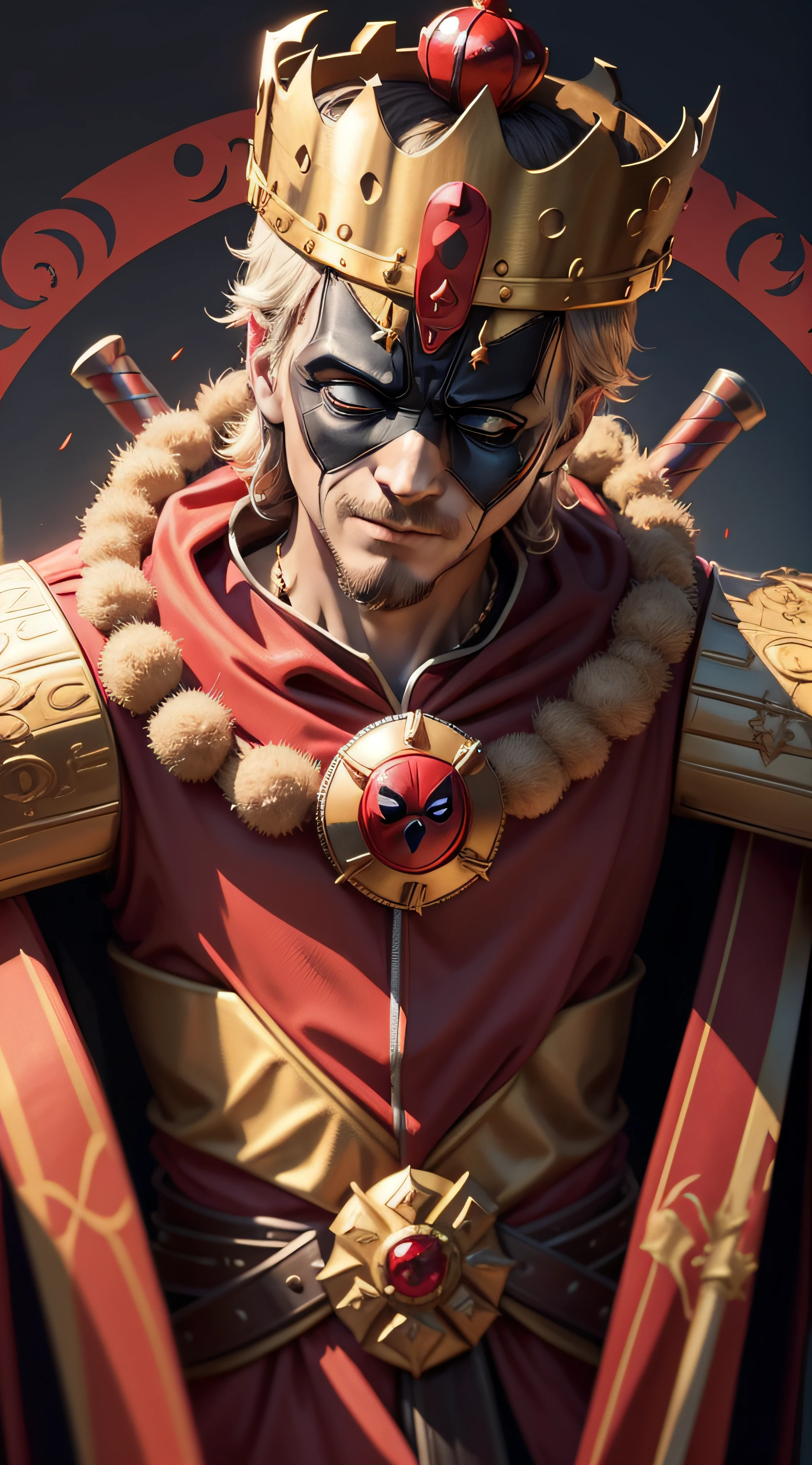 a close up of a deadpool in a crown and a crown on his head, deadpool as the new king of great britain, deadpool wearing a royal robe, with scepter and crown, deadpool wearing a crown and suit, god save the queen!!!, wearing gilded red royal robes, monarchy, wearing long royal robe, bejewelled and encrusted royalty