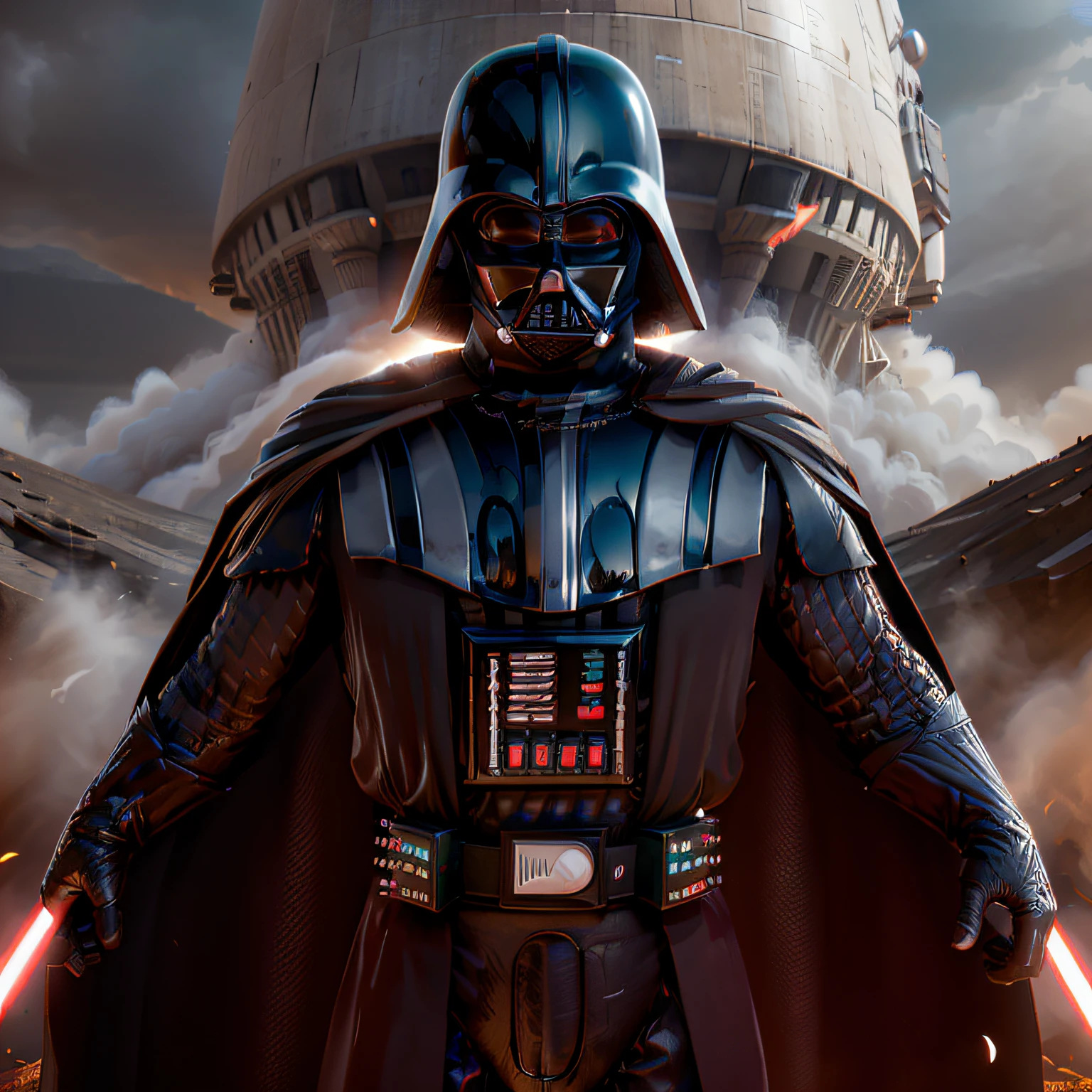 (master part, high resolution:1.3), Darth Vader, arms crossed, observing an erupting volcano, imposing presence, Figura sombria e intimidadora, Capa Preta Ondulante, iconic helmet and mask, intense gaze fixed upon the fiery spectacle, dramatic lighting, smoky atmosphere, volcanic ashes swirling around, cinematic  composition, post-processing effects. Com o uso de profundidade de campo (DOF), Super-Resolution, and high megapixel rendering, every element comes to life with cinematic lightning and anti-aliasing techniques like FKAA, TXAA, e RTX. The addition of SSAO (Screen Space Environment Occlusion) and various post-processing effects in both post-production and tone mapping elevate the visual quality to a whole new level. Com o uso de profundidade de campo (DOF), Super-Resolution, and high megapixel rendering, every element comes to life with cinematic lightning and anti-aliasing techniques like FKAA, TXAA, e RTX. The addition of SSAO (Screen Space Environment Occlusion) and various post-processing effects in both post-production and tone mapping elevate the visual quality to a whole new level.