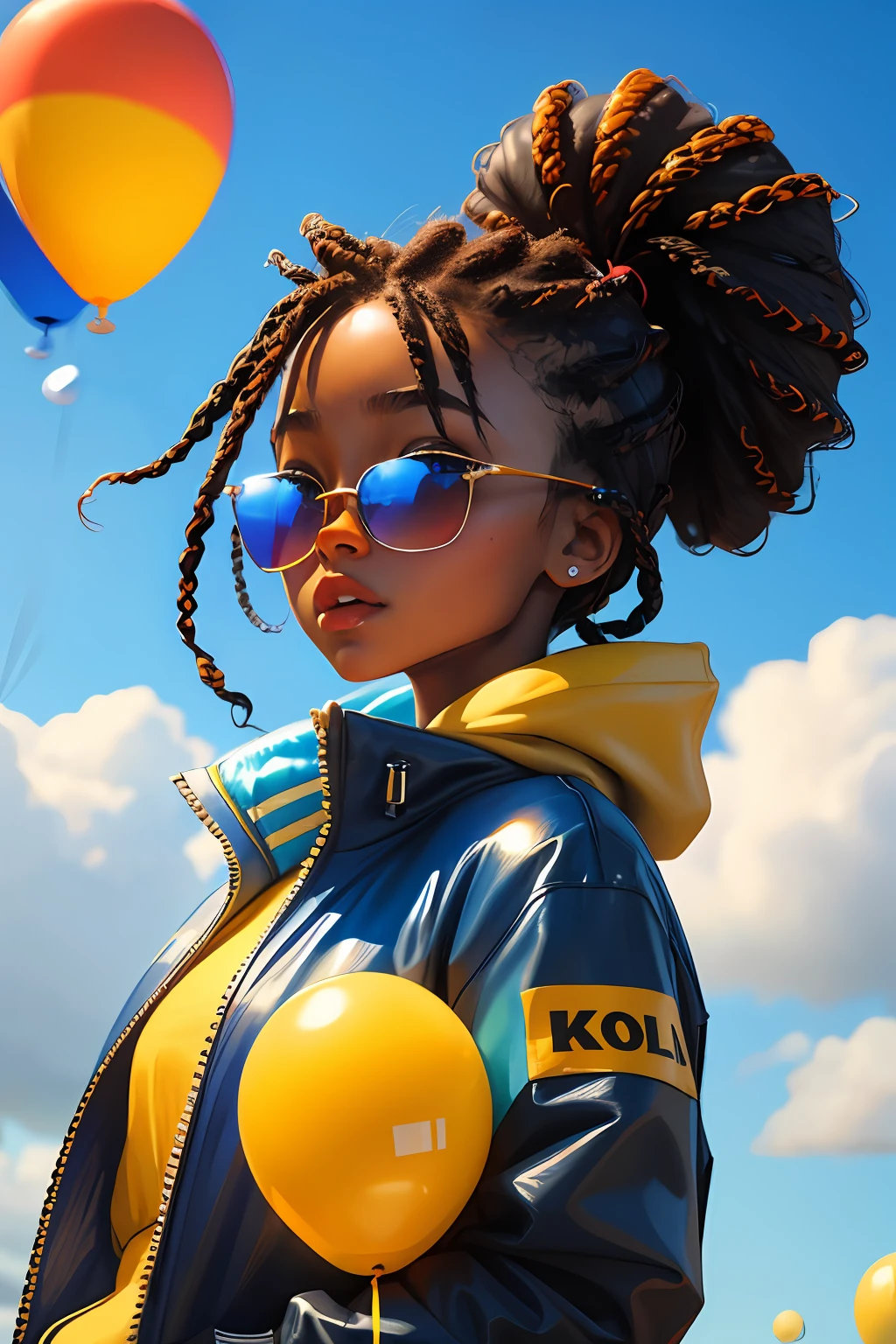 girl, dark brown complexion, african american, beautiful and cute, wearing blue sunglasses, yellow jacket, white sweatshirt, lots of colorful balloons, baby face, chibi style, red and blue two-color hair, ponytail braided hair, perfect detail eyes, delicate face, perfect CG, HD picture quality, colorful balloons, sky,