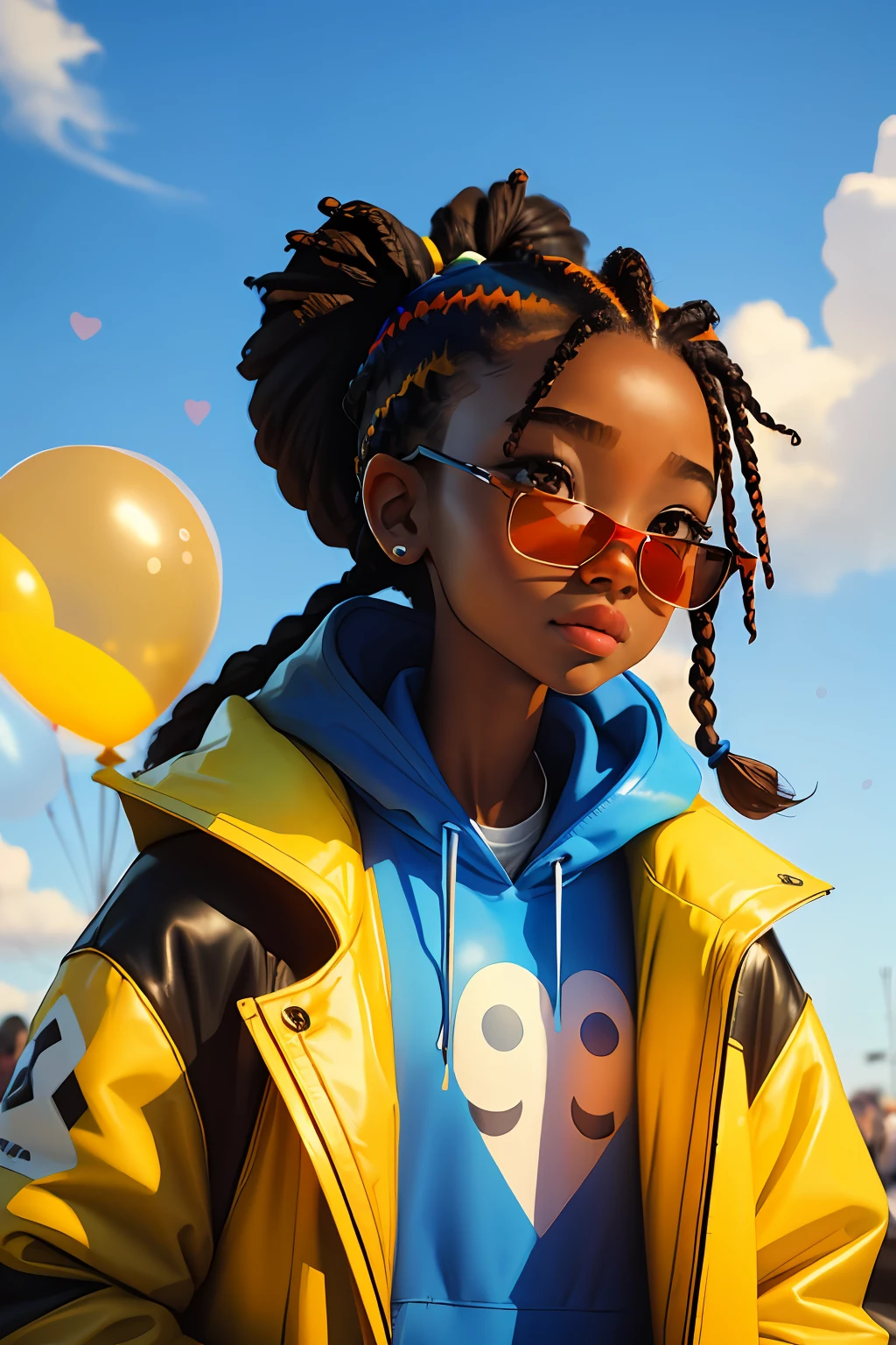 Loli girl, dark brown complexion, african american, beautiful and cute, wearing blue sunglasses, yellow jacket, white sweatshirt, lots of colorful balloons, baby face, chibi style, red and blue two-color hair, ponytail braided hair, perfect detail eyes, delicate face, perfect CG, HD picture quality, colorful balloons, sky,