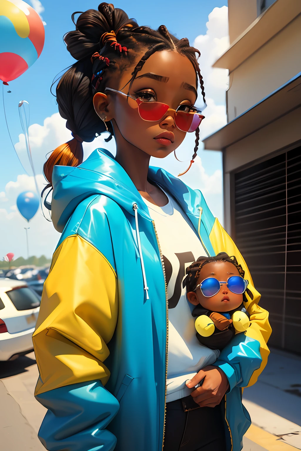 Loli girl, dark brown complexion, african american, beautiful and cute, wearing blue sunglasses, yellow jacket, white sweatshirt, lots of colorful balloons, , chibi style, red and blue two-color hair, ponytail braided hair, perfect detail eyes, delicate face, perfect CG, HD picture quality, colorful balloons, sky,